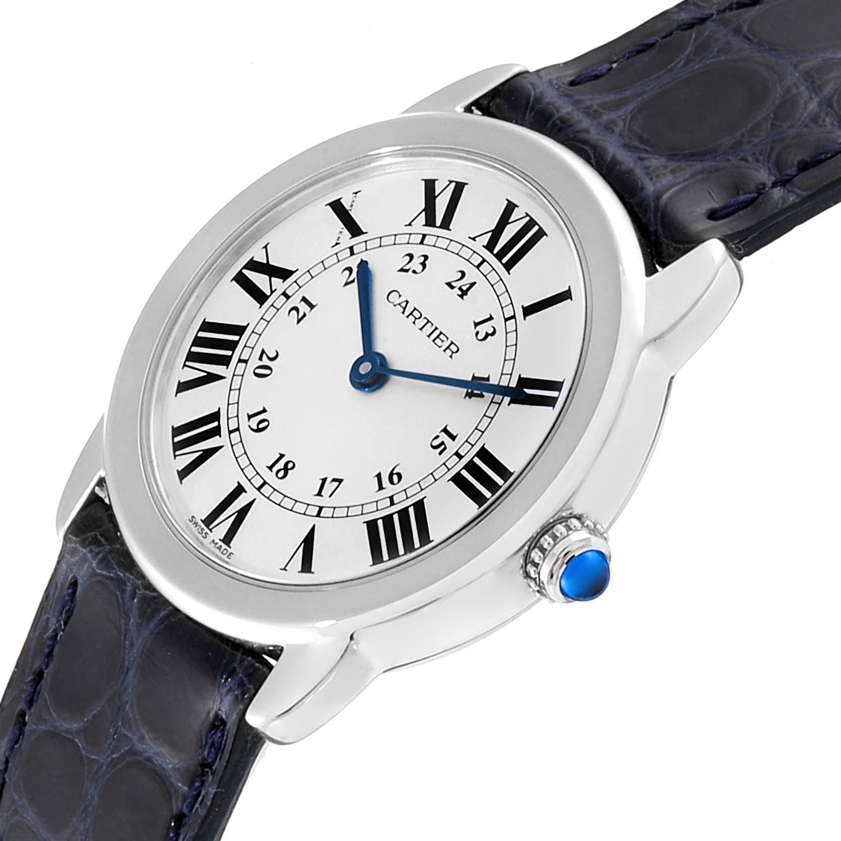 The image shows a Cartier Ronde W6700155 Women's Stainless Steel Silver Dial W6700155 Women's Stainless Steel Silver Dial model watch angled slightly to display the face, case, and part of the strap.