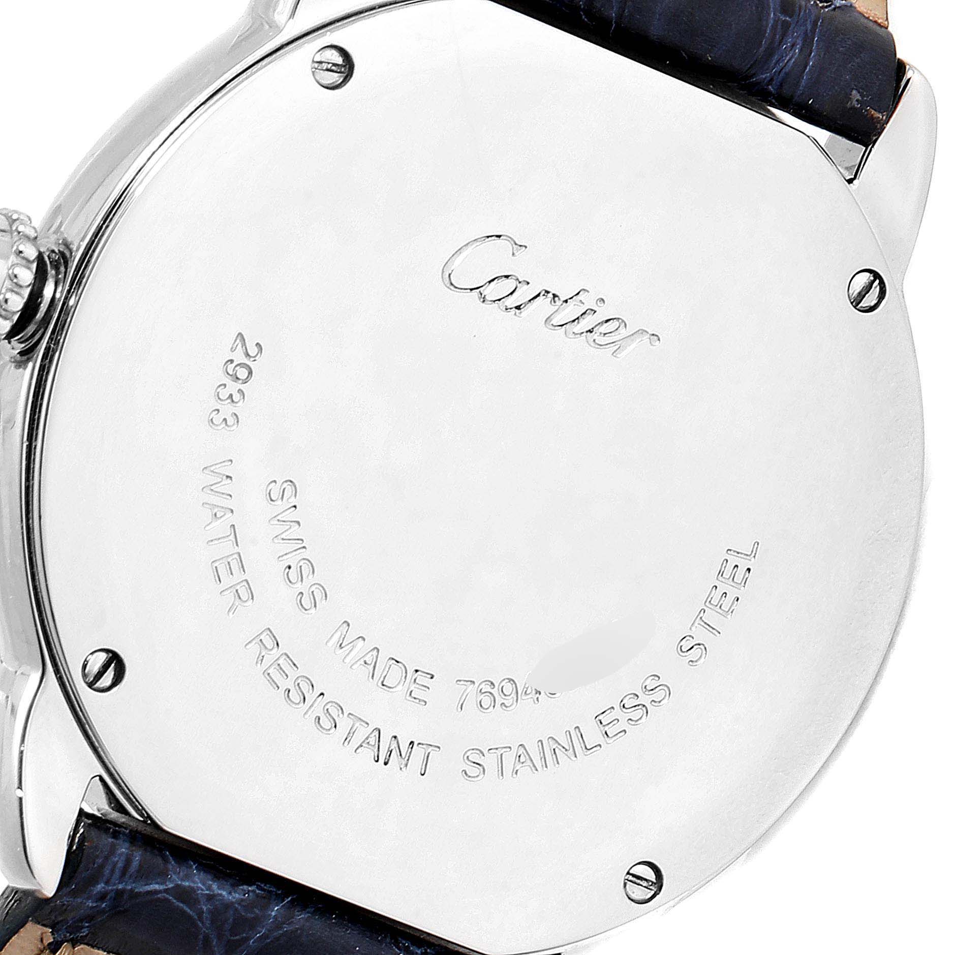 The image shows the back case of a Cartier Ronde W6700155 Women's Stainless Steel Silver Dial W6700155 Women's Stainless Steel Silver Dial watch, displaying engraving and part of the leather strap.