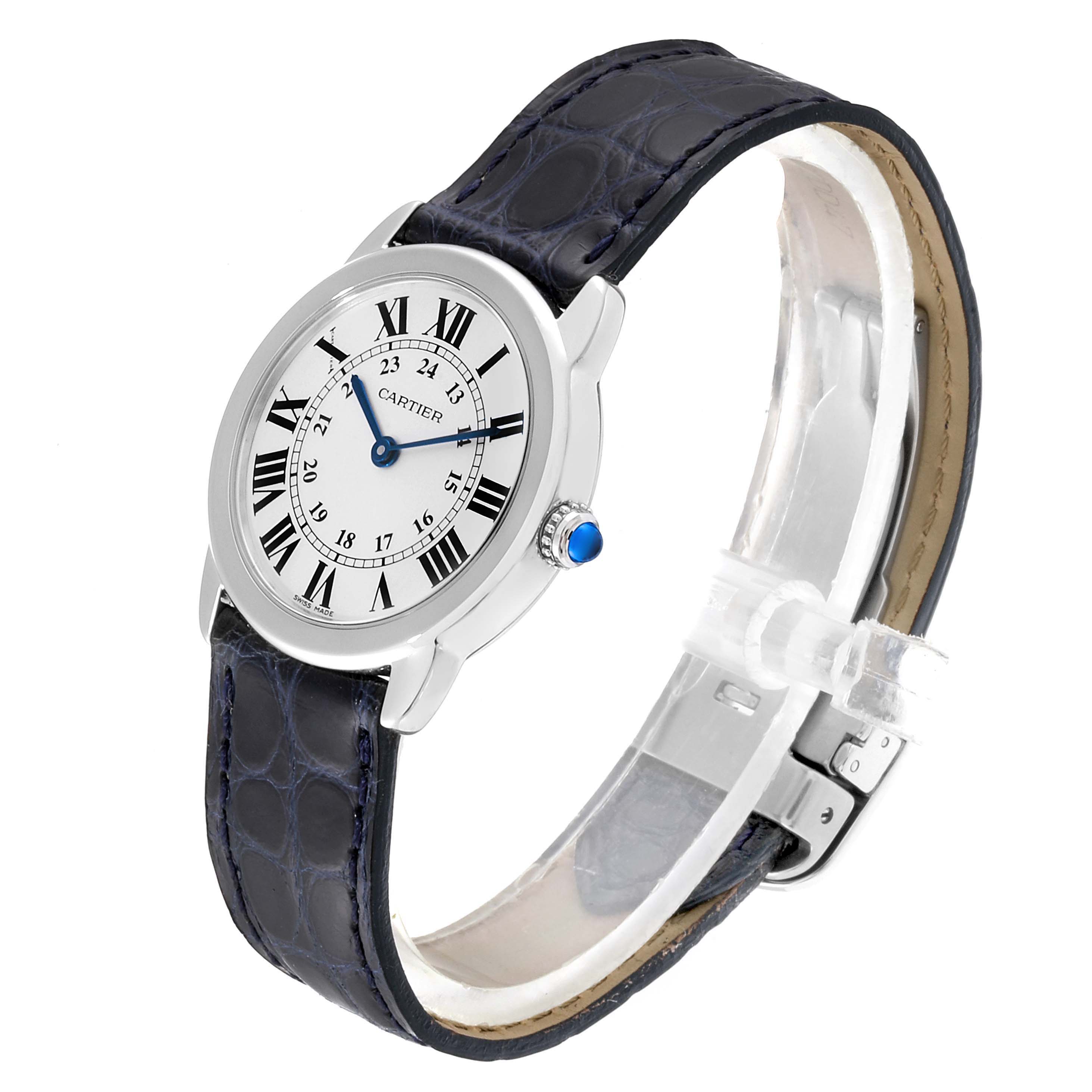 The image shows a Cartier Ronde W6700155 Women's Stainless Steel Silver Dial W6700155 Women's Stainless Steel Silver Dial model watch with its face and leather strap, viewed from an angled perspective.