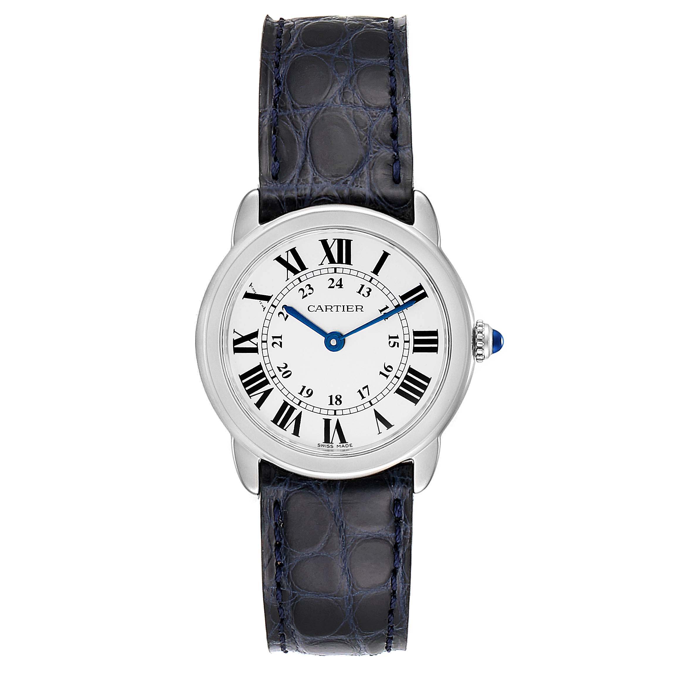 The image shows a front view of the Ronde model watch by Cartier, featuring a white dial with Roman numerals and a black leather strap.