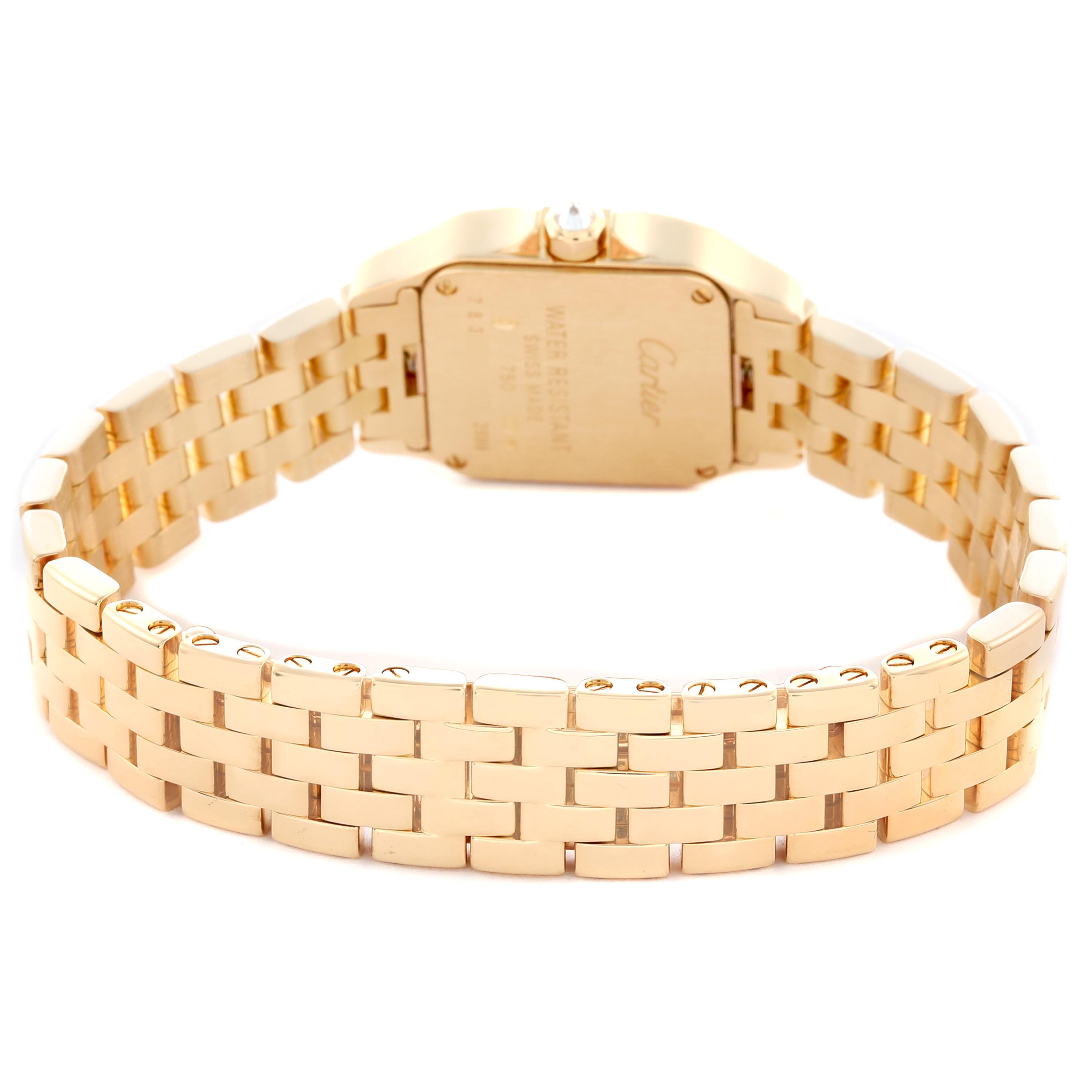 The image shows the back view of the Cartier Santos Demoiselle WF9001Y7 Women
s Yellow Gold Silver Dial WF9001Y7 Women
s Yellow Gold Silver Dial watch, highlighting its gold bracelet and case back.