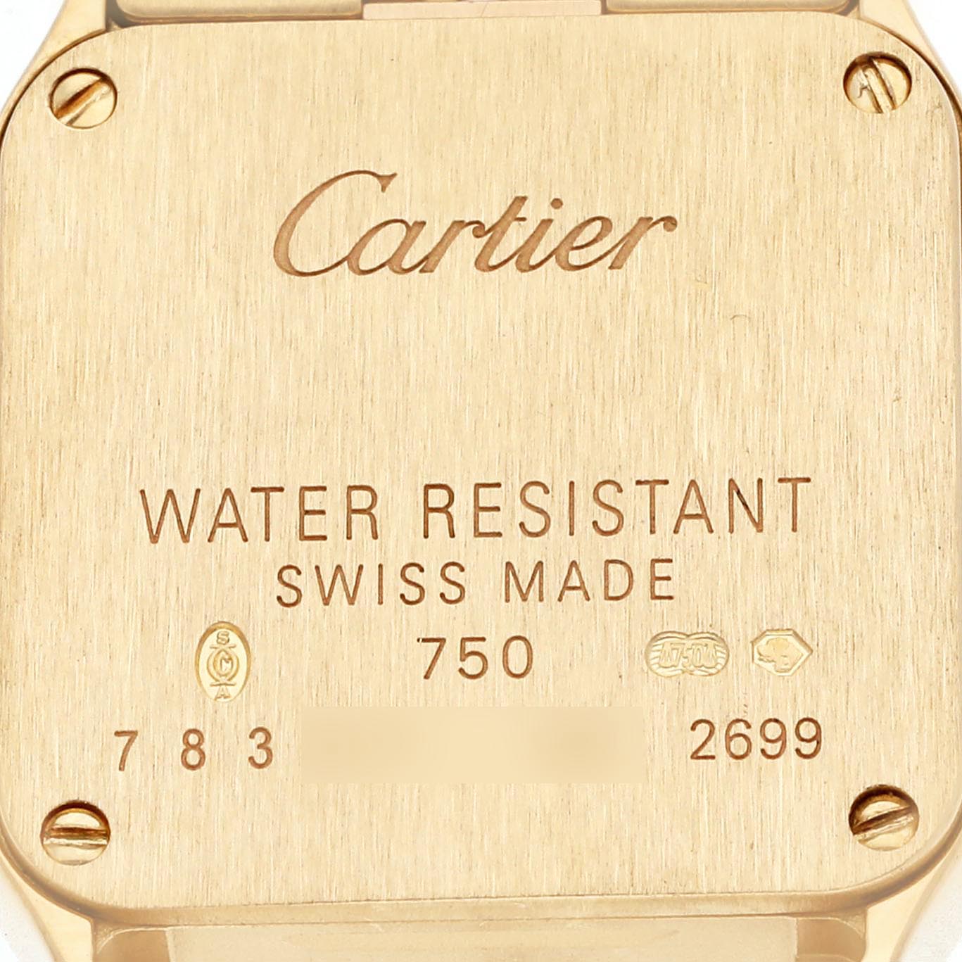The image shows the back case of the Cartier Santos Demoiselle WF9001Y7 Women
s Yellow Gold Silver Dial WF9001Y7 Women
s Yellow Gold Silver Dial watch, with engraved details and screws visible.