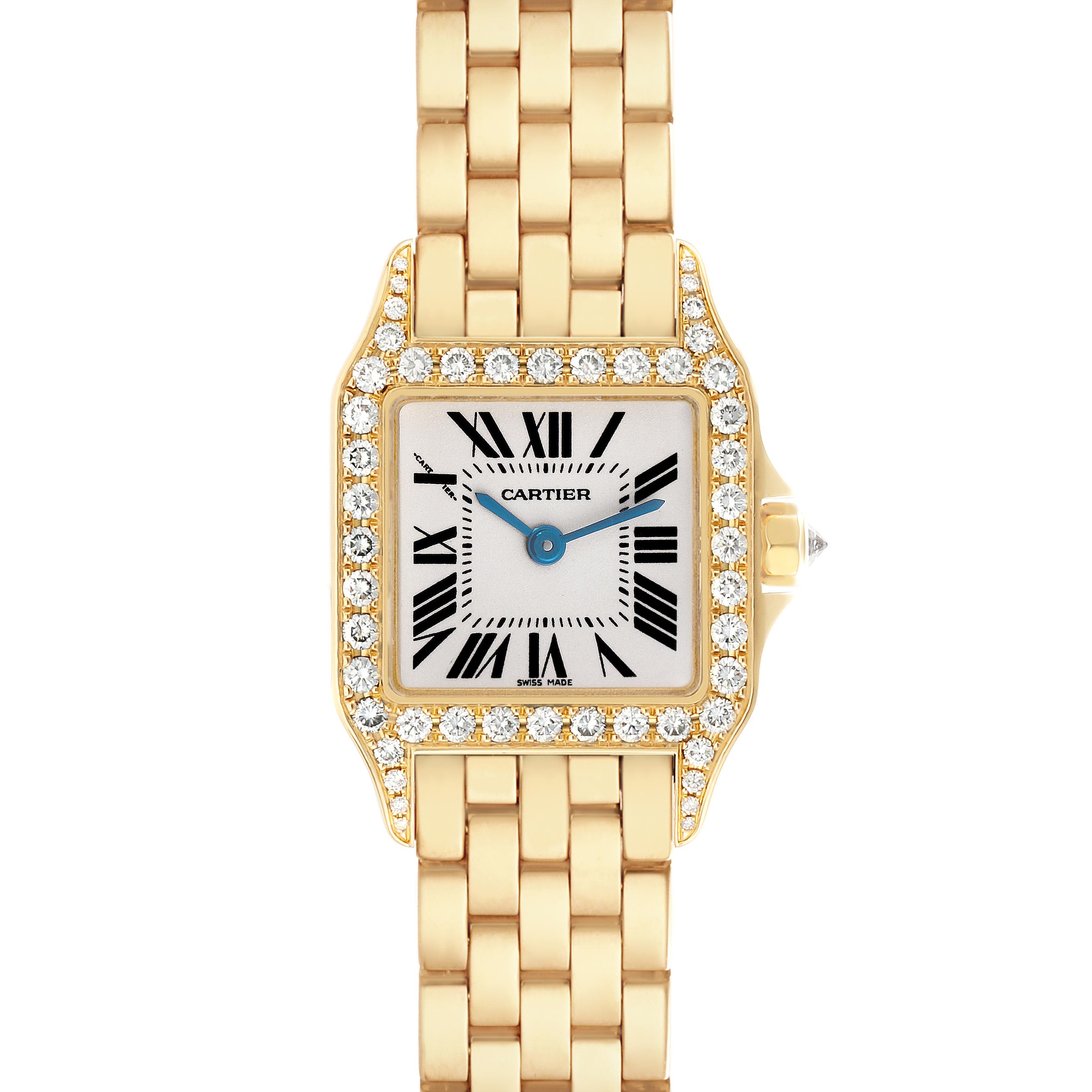 The image shows a front view of the Cartier Santos Demoiselle WF9001Y7 Women
s Yellow Gold Silver Dial WF9001Y7 Women
s Yellow Gold Silver Dial watch, highlighting its diamond-set bezel and gold bracelet.