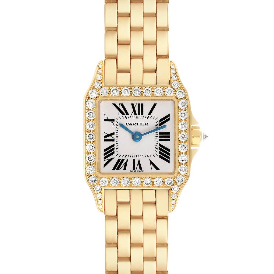 The image shows a front view of the Cartier Santos Demoiselle watch, highlighting its diamond-set bezel and gold bracelet.