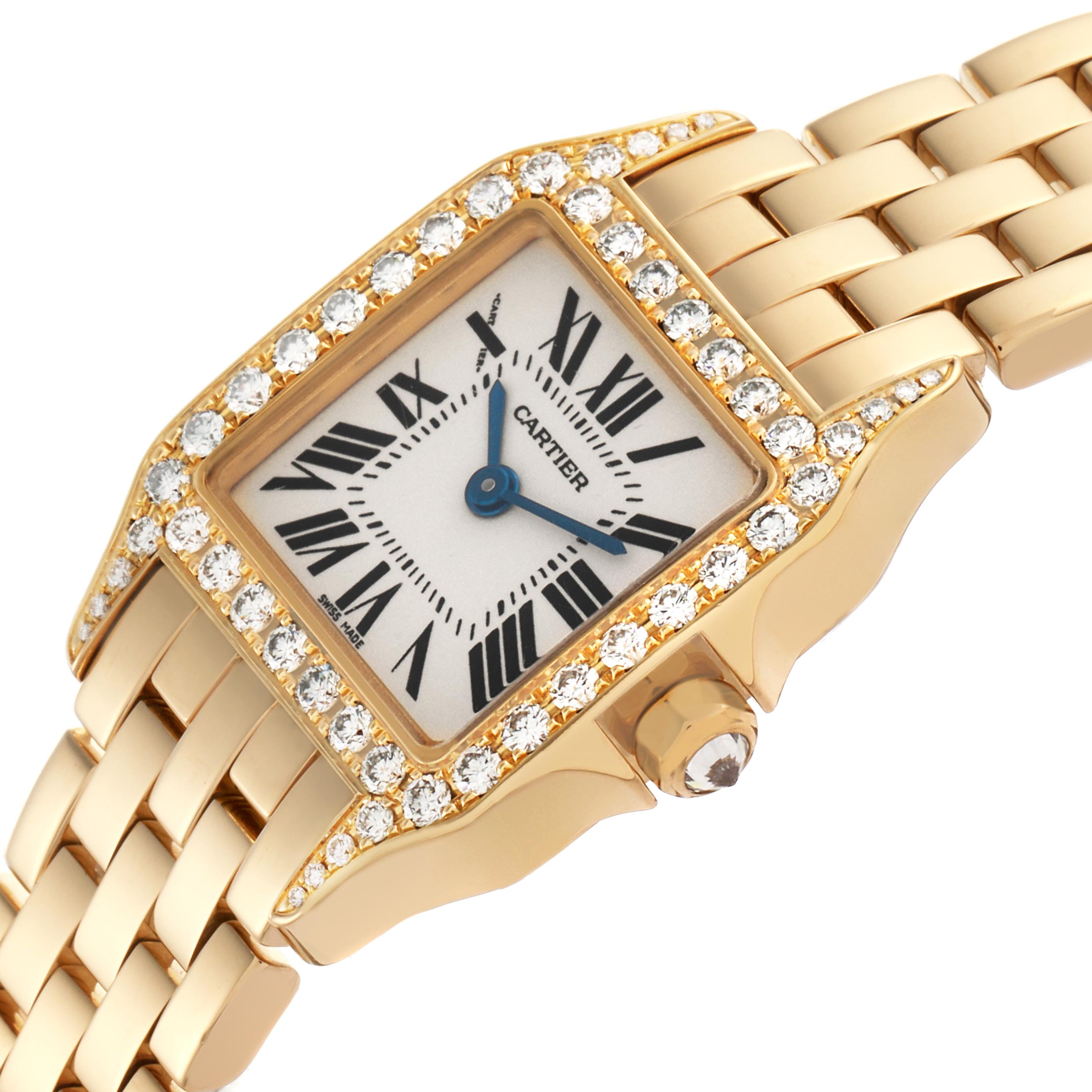 The Cartier Santos Demoiselle WF9001Y7 Women
s Yellow Gold Silver Dial WF9001Y7 Women
s Yellow Gold Silver Dial watch is shown at an angle highlighting its square face, diamond bezel, and gold bracelet.