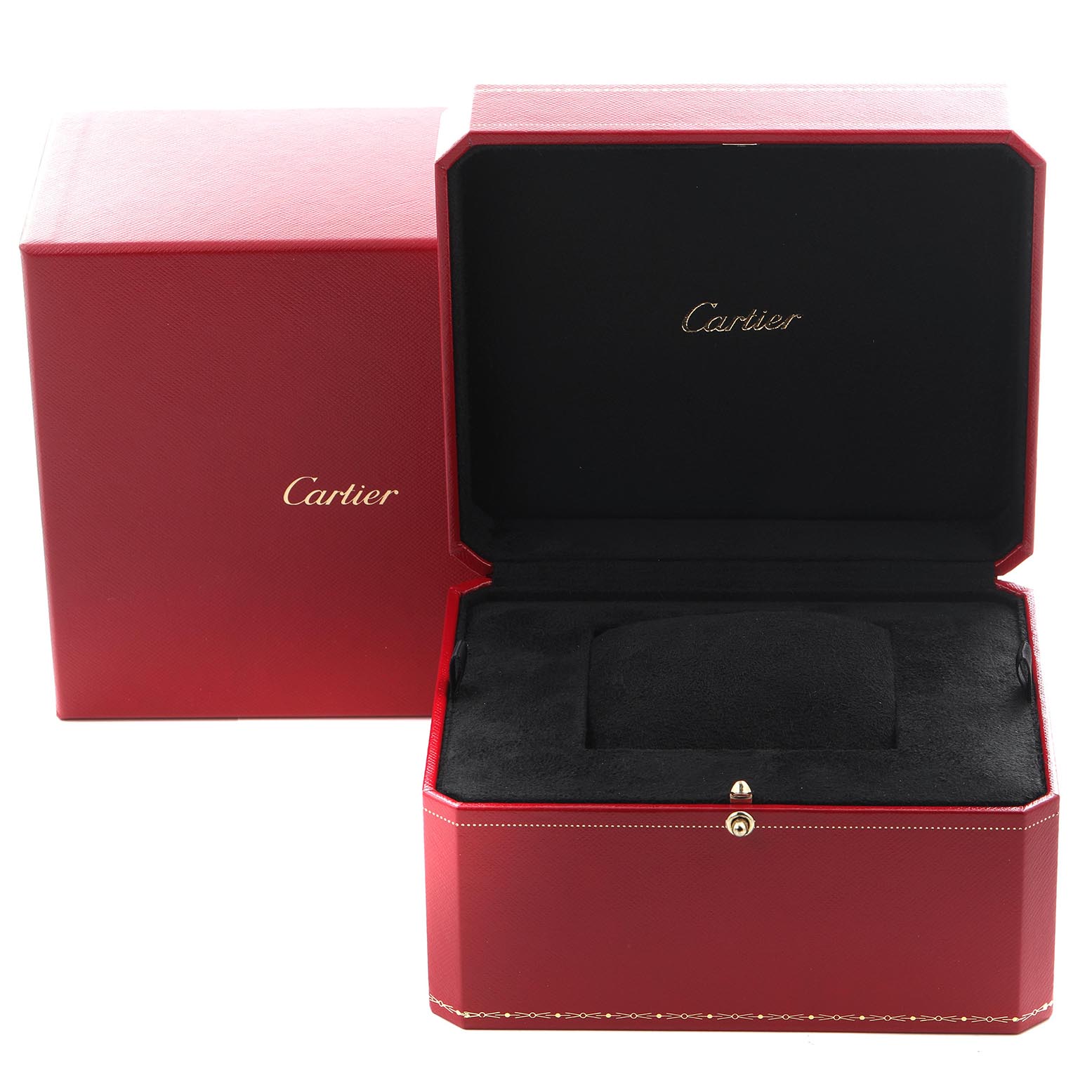 The image shows a Cartier Santos Demoiselle WF9001Y7 Women
s Yellow Gold Silver Dial WF9001Y7 Women
s Yellow Gold Silver Dial watch box, open to display the interior, with a red exterior and black interior.