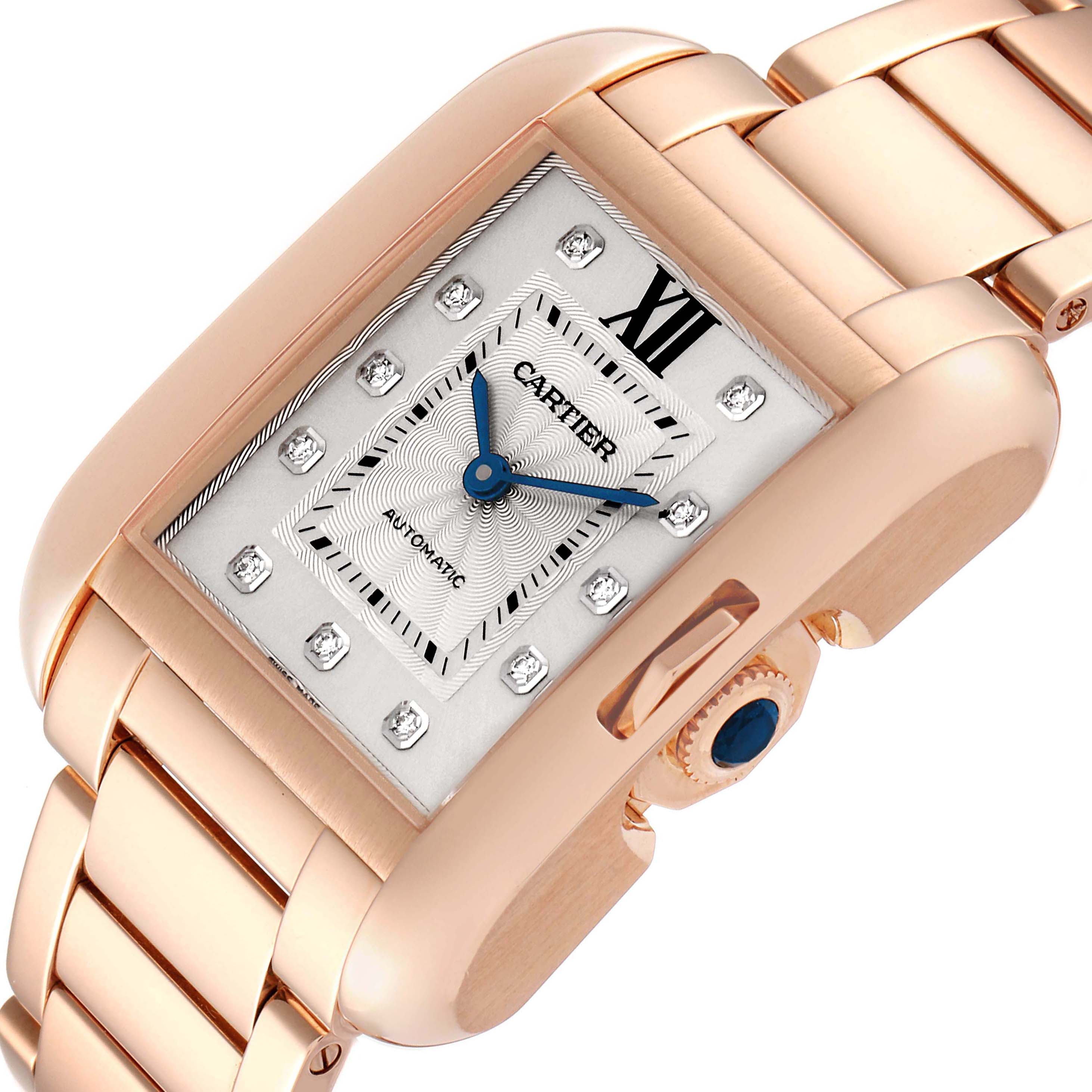 The image shows a close-up angle of the Cartier Tank Anglaise WJTA0004 Women
s Rose Gold Silver Dial WJTA0004 Women
s Rose Gold Silver Dial watch, highlighting its dial, crown, and bracelet.