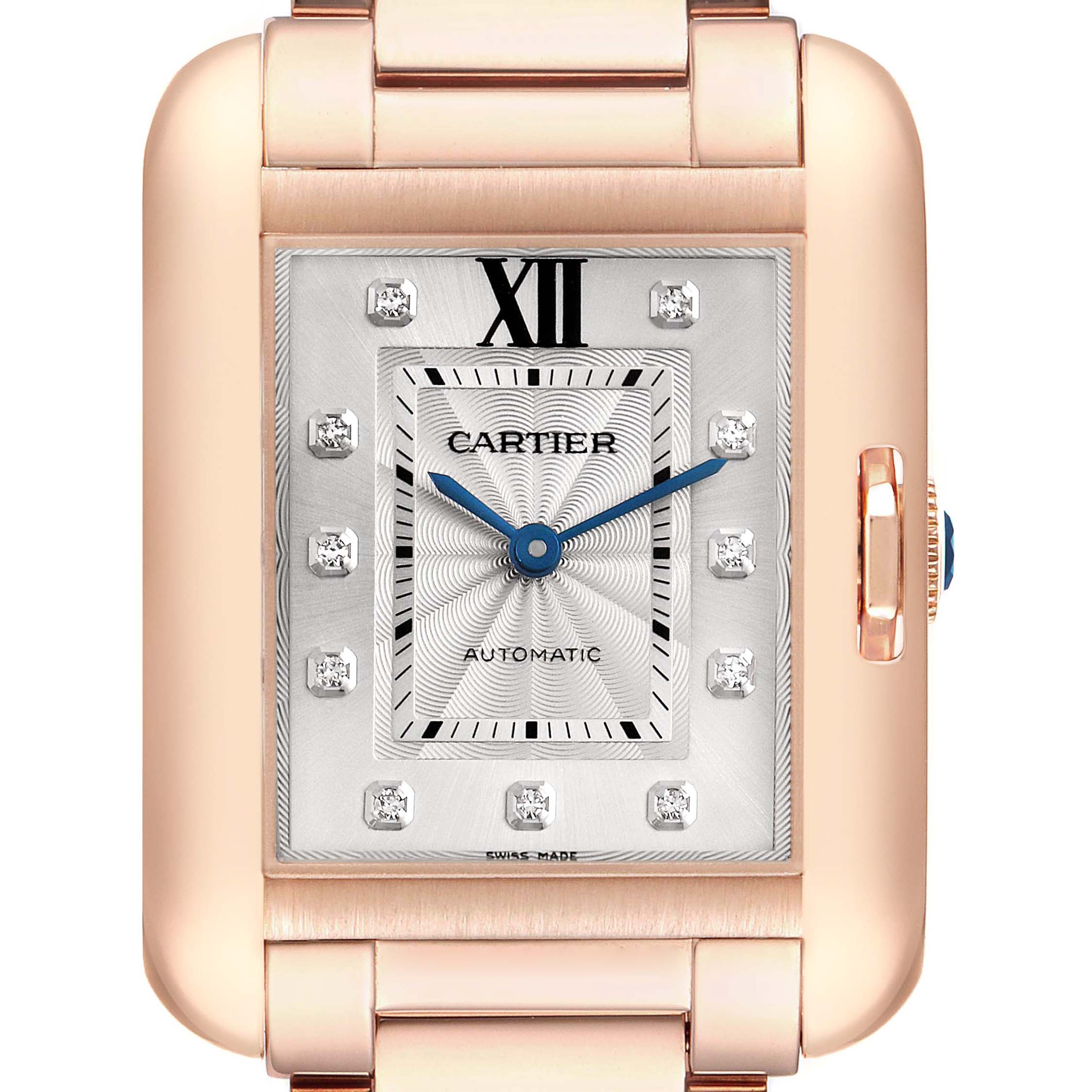 The image shows a close-up of the Cartier Tank Anglaise WJTA0004 Women
s Rose Gold Silver Dial WJTA0004 Women
s Rose Gold Silver Dial watch face, highlighting its dial, hands, and part of the bracelet.