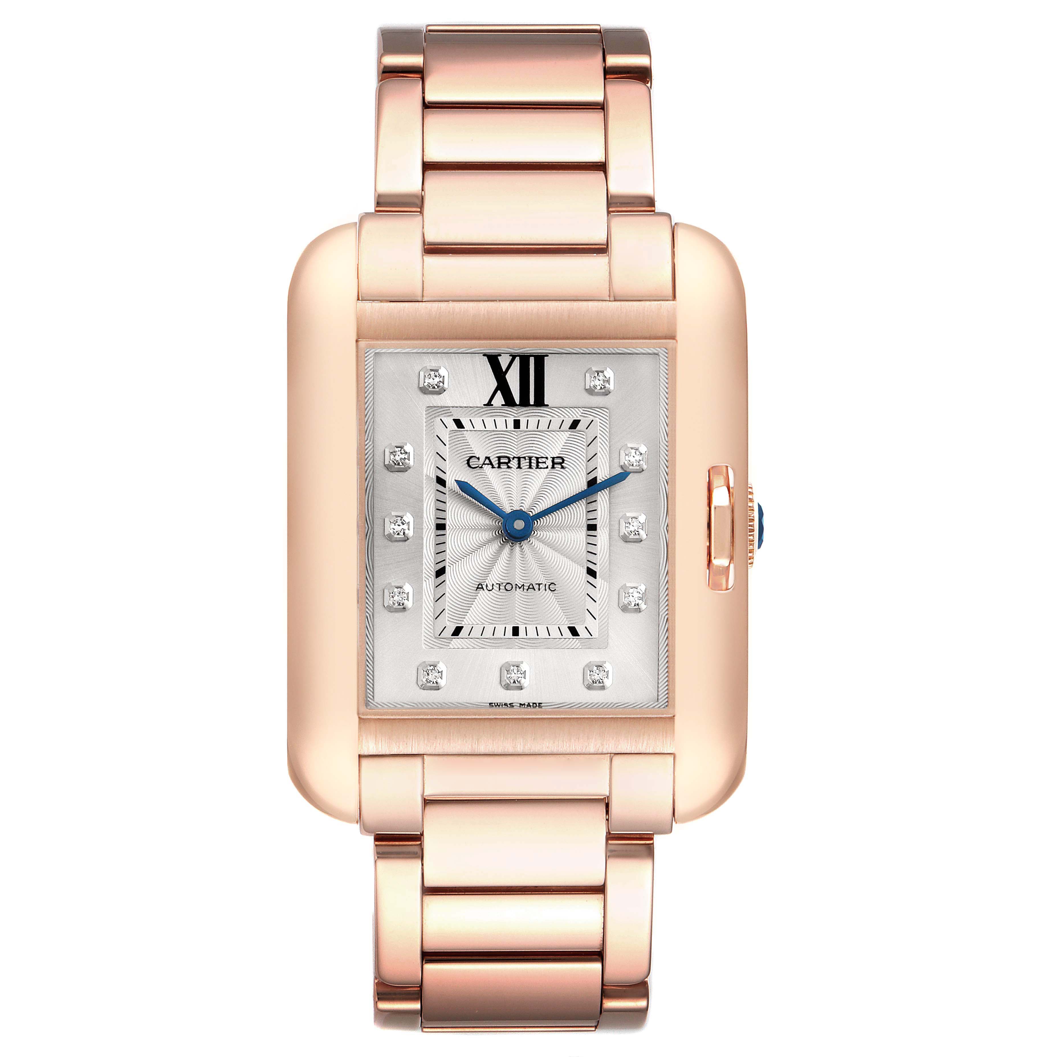 This image shows a front view of a Cartier Tank Anglaise WJTA0004 Women
s Rose Gold Silver Dial WJTA0004 Women
s Rose Gold Silver Dial watch, highlighting its face, crown, and metal bracelet.