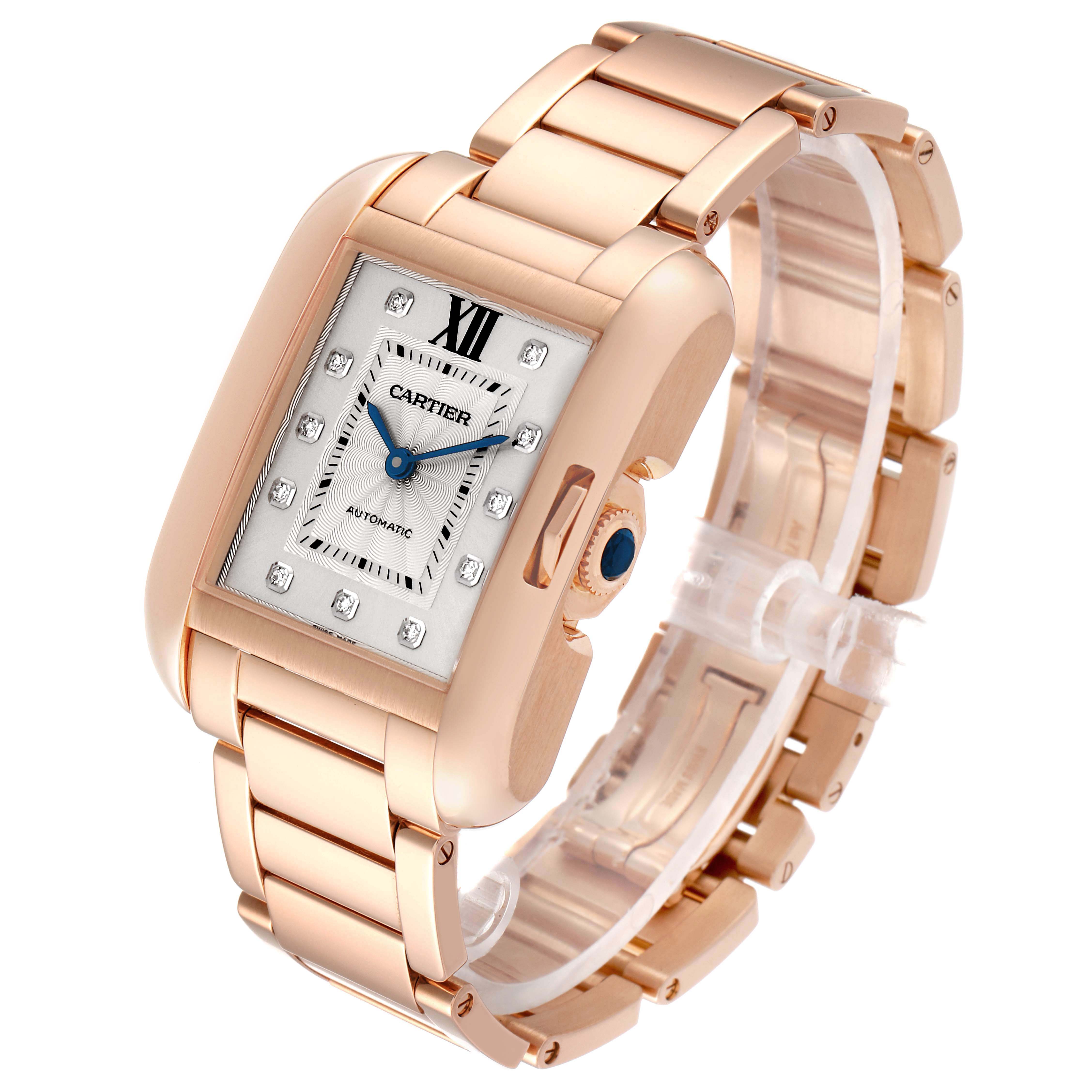 The image shows a Cartier Tank Anglaise WJTA0004 Women
s Rose Gold Silver Dial WJTA0004 Women
s Rose Gold Silver Dial watch at a slight angle, highlighting the face, bezel, and bracelet.