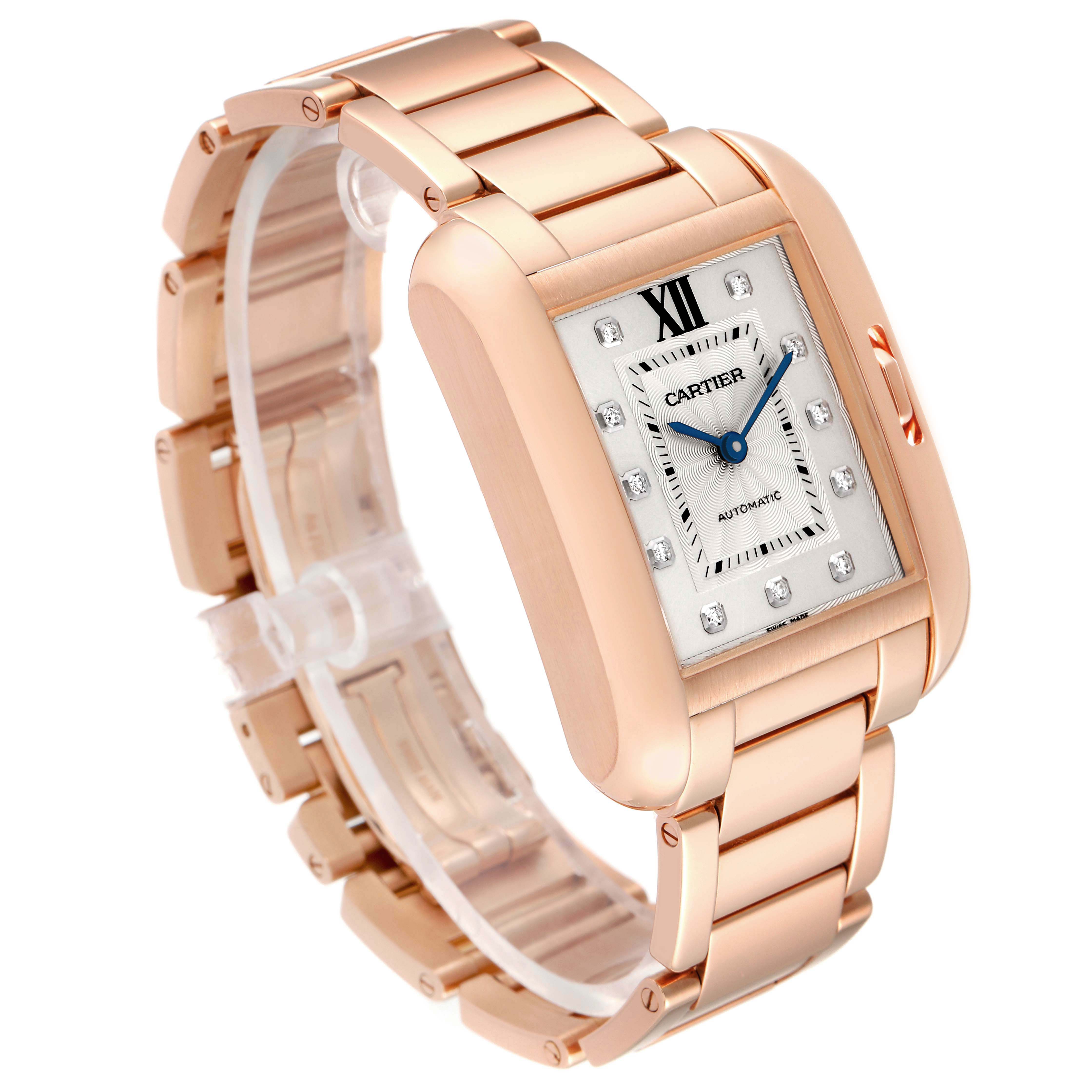 The image shows a Cartier Tank Anglaise WJTA0004 Women
s Rose Gold Silver Dial WJTA0004 Women
s Rose Gold Silver Dial watch at a three-quarter angle, highlighting the face, bracelet, and case.