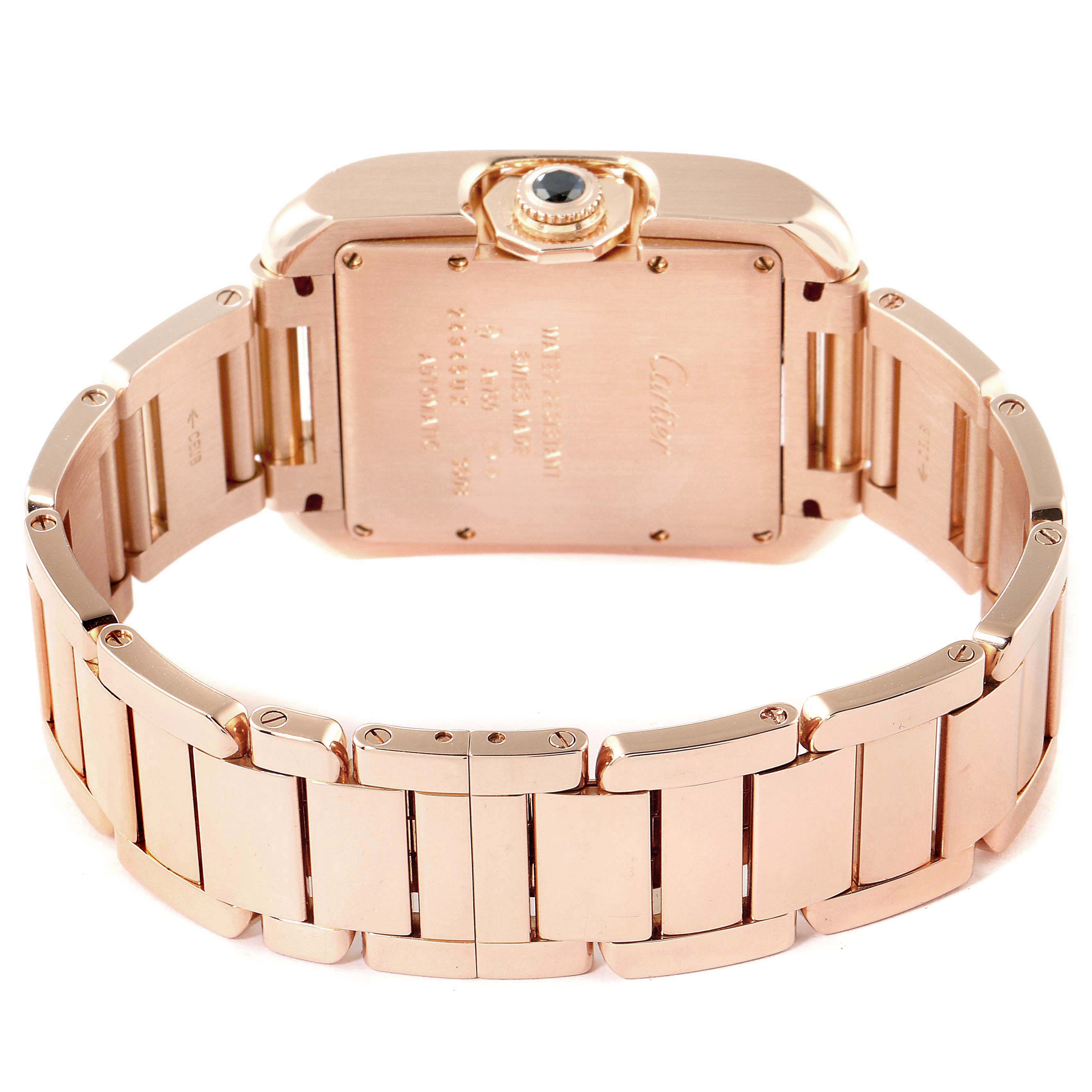 The image shows the back view and bracelet of a Cartier Tank Anglaise WJTA0004 Women
s Rose Gold Silver Dial WJTA0004 Women
s Rose Gold Silver Dial watch in rose gold.
