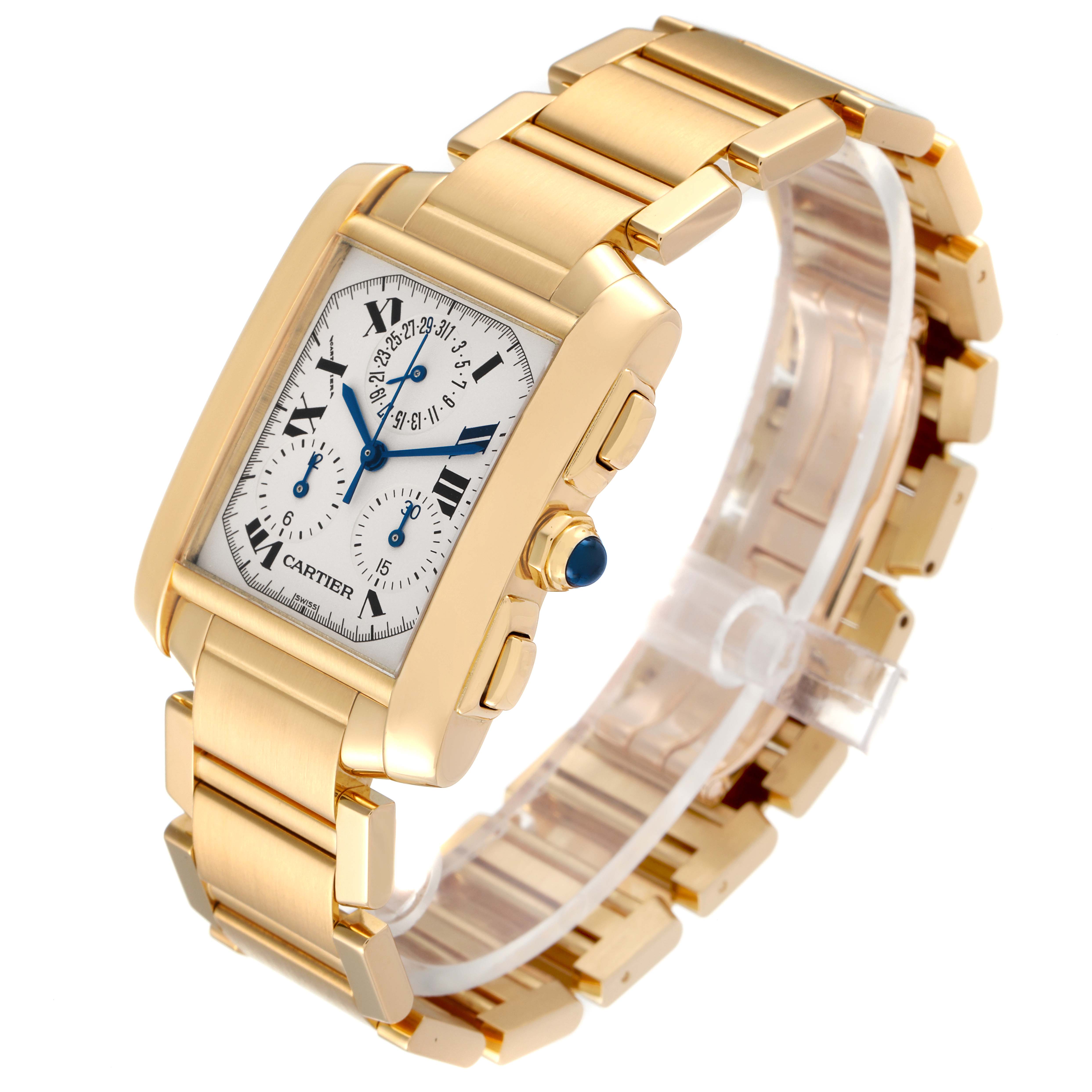 This image shows a Cartier Tank Francaise W50005R2 Men's Yellow Gold Silver Dial W50005R2 Men's Yellow Gold Silver Dial watch at an angled view, highlighting its gold bracelet, rectangular dial, and side buttons.