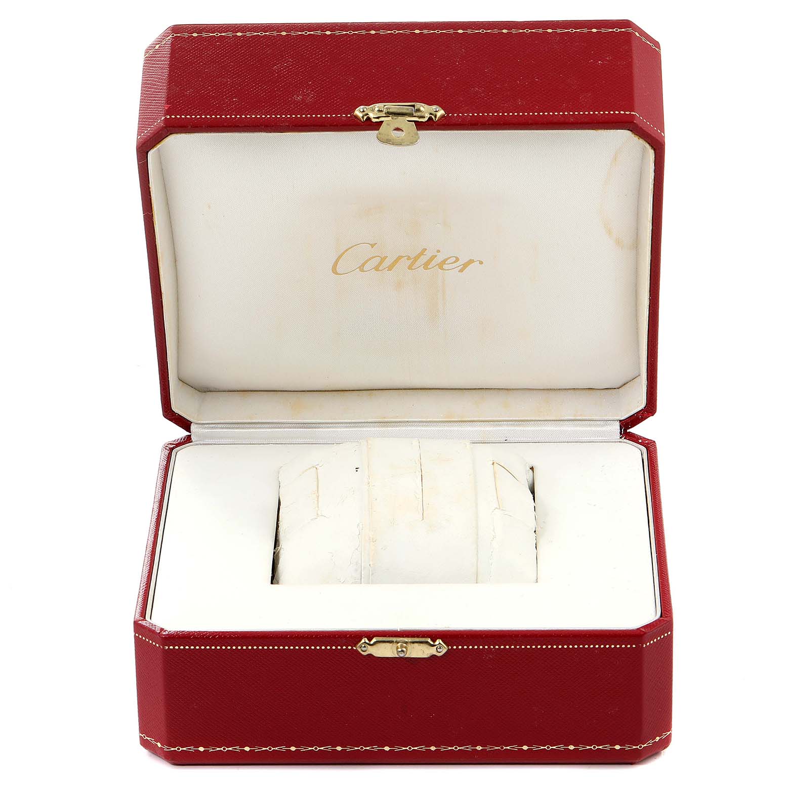 The image shows an open red Cartier box for the Tank Francaise watch, revealing interior padding and the Cartier logo inside the lid.