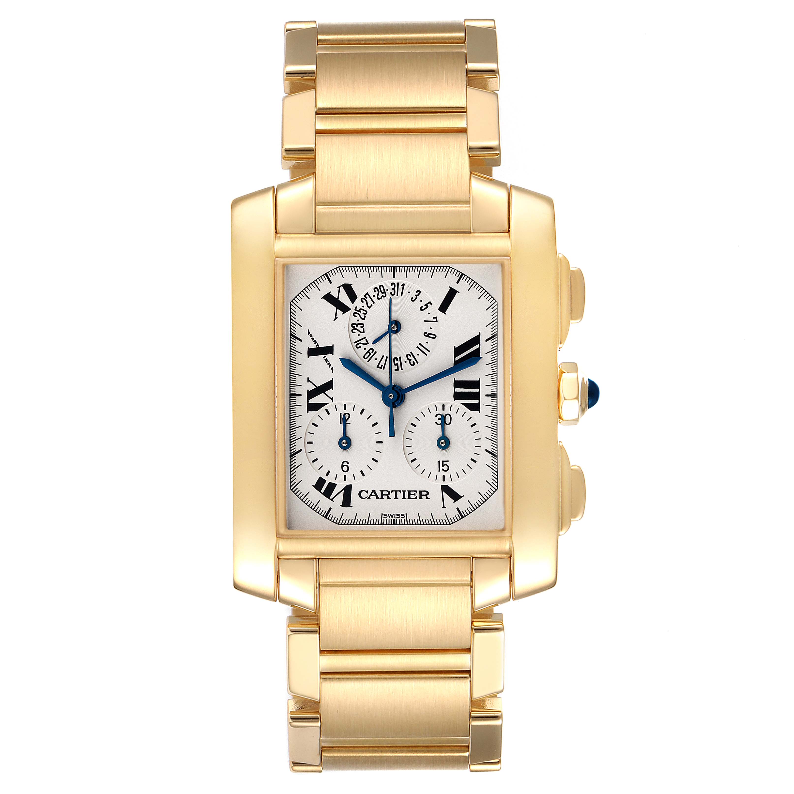 The image shows a front view of a Cartier Tank Francaise W50005R2 Men's Yellow Gold Silver Dial W50005R2 Men's Yellow Gold Silver Dial watch, highlighting its gold case and bracelet.