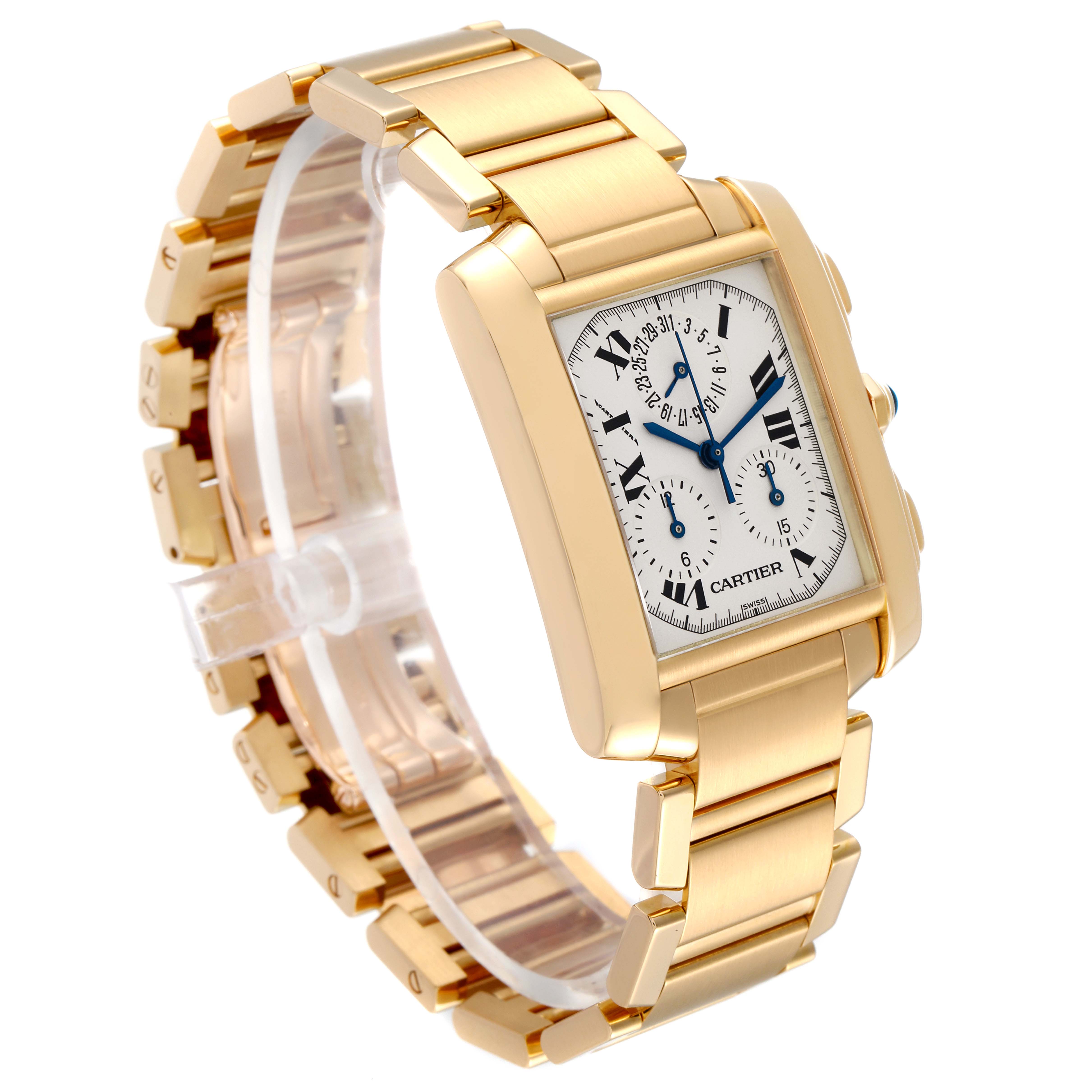 The Cartier Tank Francaise W50005R2 Men's Yellow Gold Silver Dial W50005R2 Men's Yellow Gold Silver Dial watch is shown at a three-quarter angle, displaying the bracelet and rectangular case with its distinctive dial.