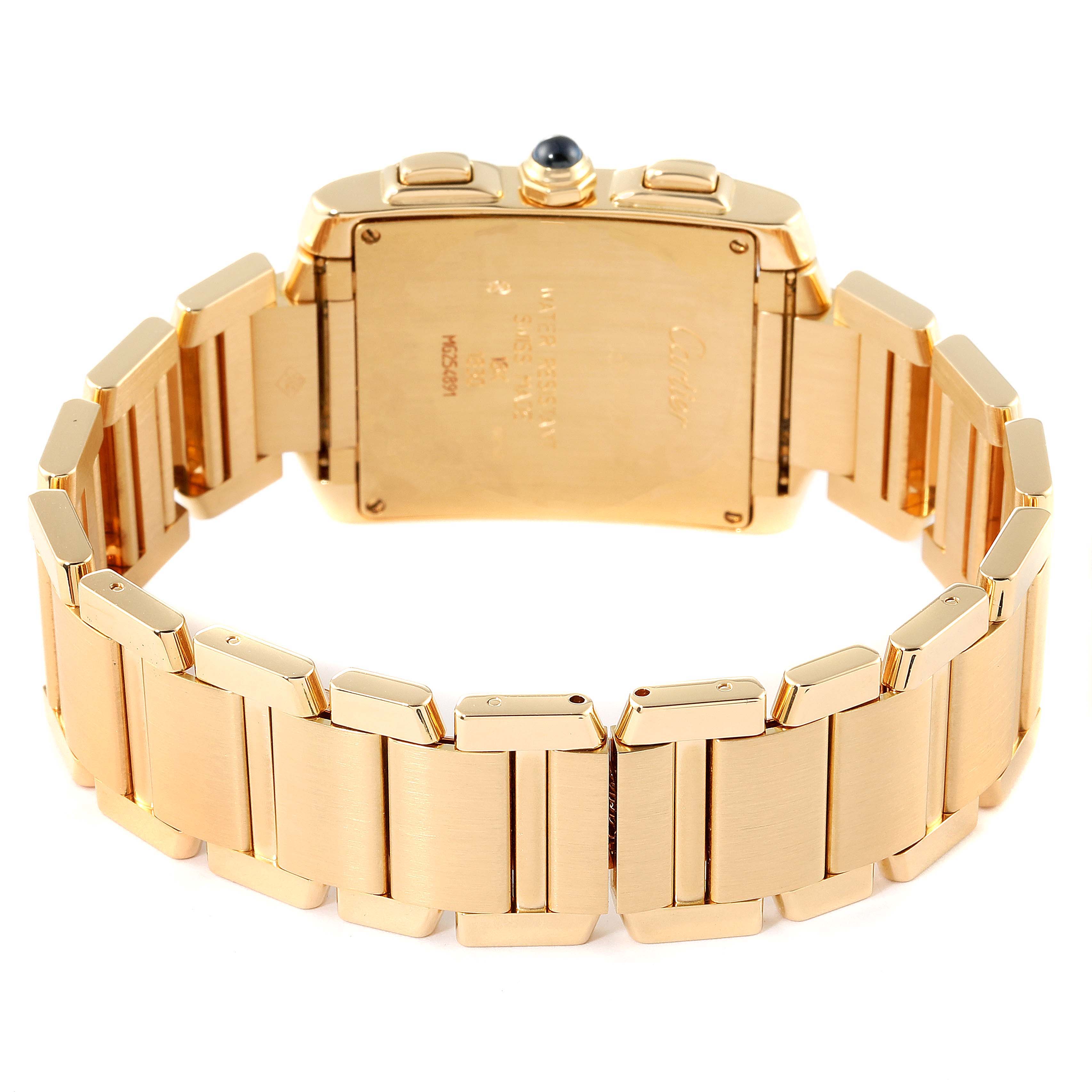 This image shows the back and bracelet of the Cartier Tank Francaise W50005R2 Men's Yellow Gold Silver Dial W50005R2 Men's Yellow Gold Silver Dial watch, highlighting its gold finish and links.