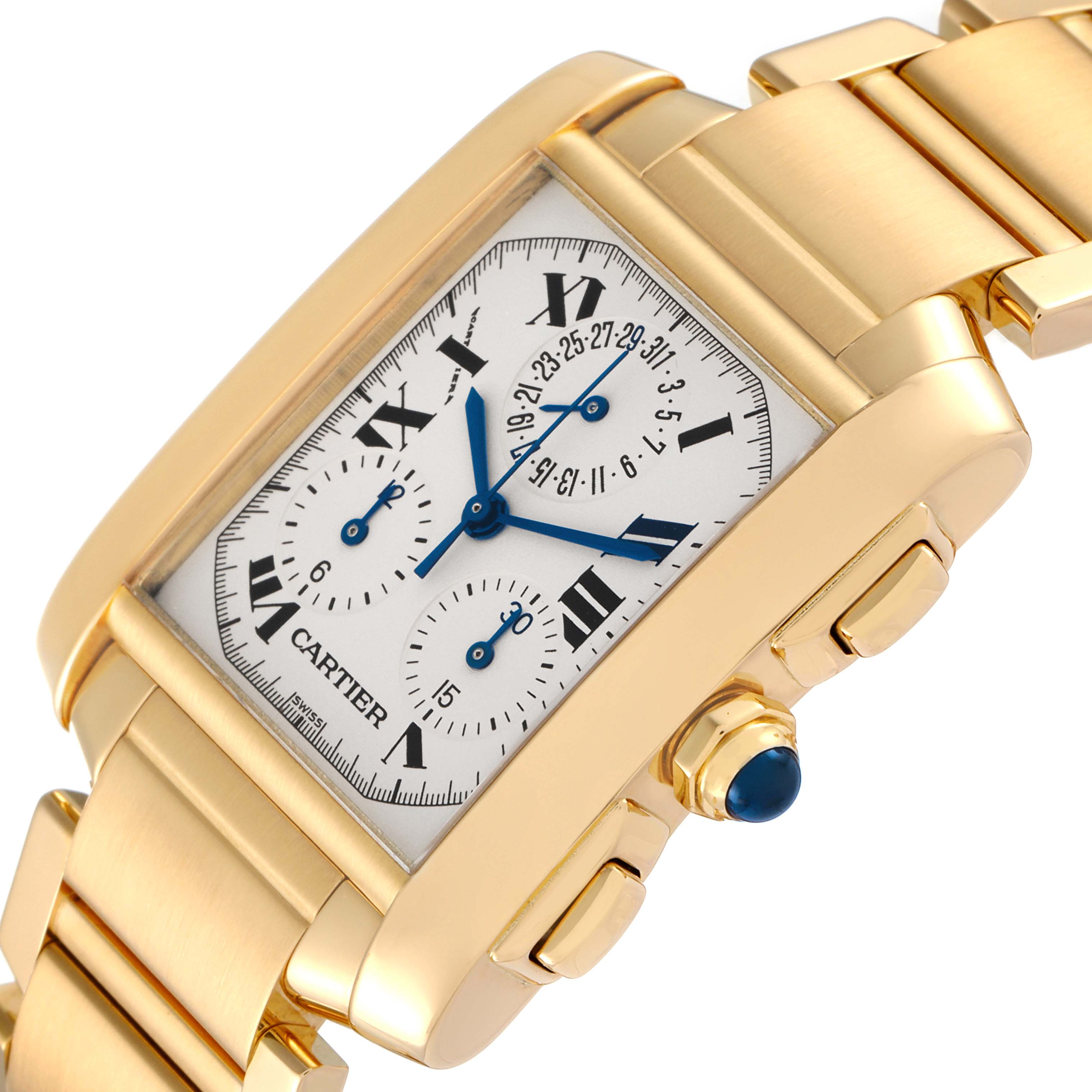 The image shows a close-up angle of the Cartier Tank Française watch, highlighting the dial, crown, and gold bracelet.