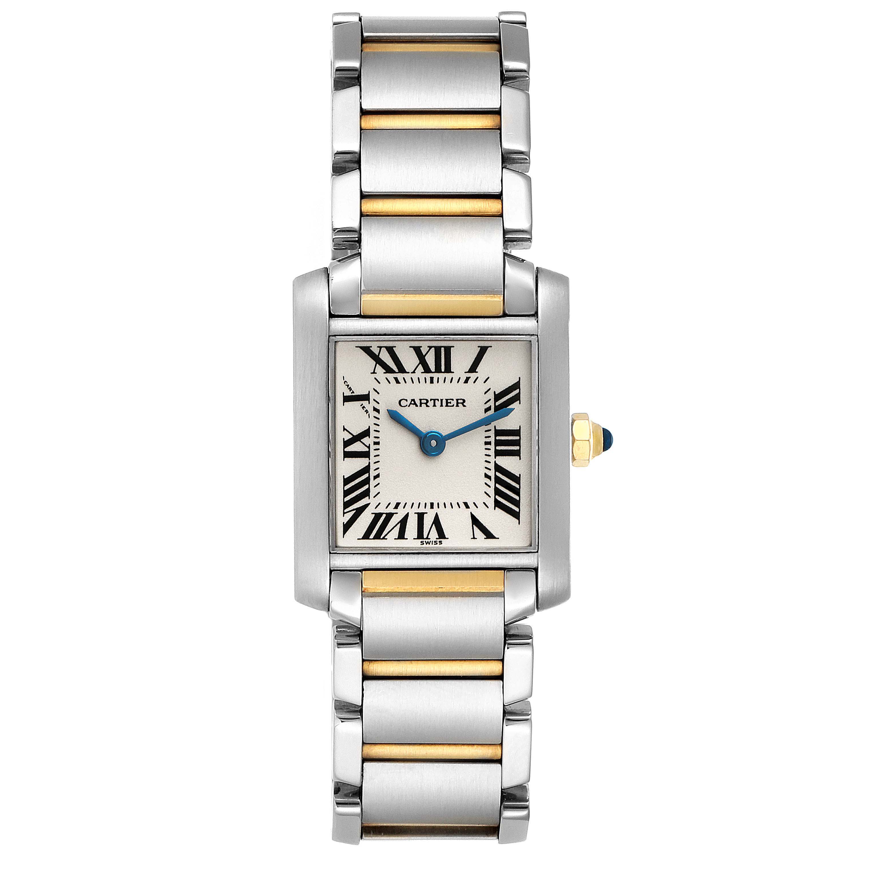 The Cartier Tank Francaise W51007Q4 Women's Stainless Steel Silver Dial W51007Q4 Women's Stainless Steel Silver Dial watch is shown from a top-front angle, displaying its face and bracelet.