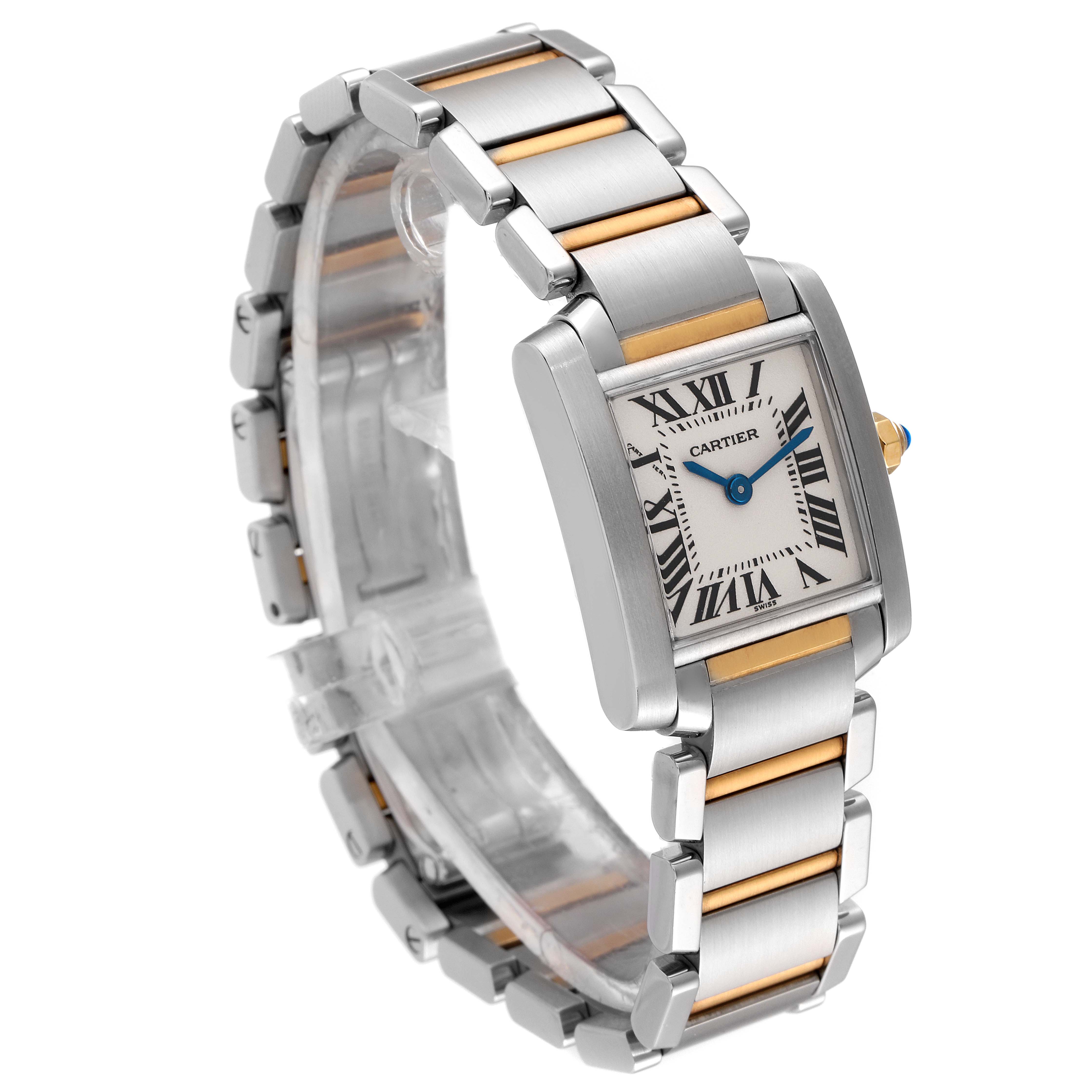 The image shows a three-quarter elevated view of the Cartier Tank Francaise W51007Q4 Women's Stainless Steel Silver Dial W51007Q4 Women's Stainless Steel Silver Dial watch, highlighting the dial, bracelet, and crown.