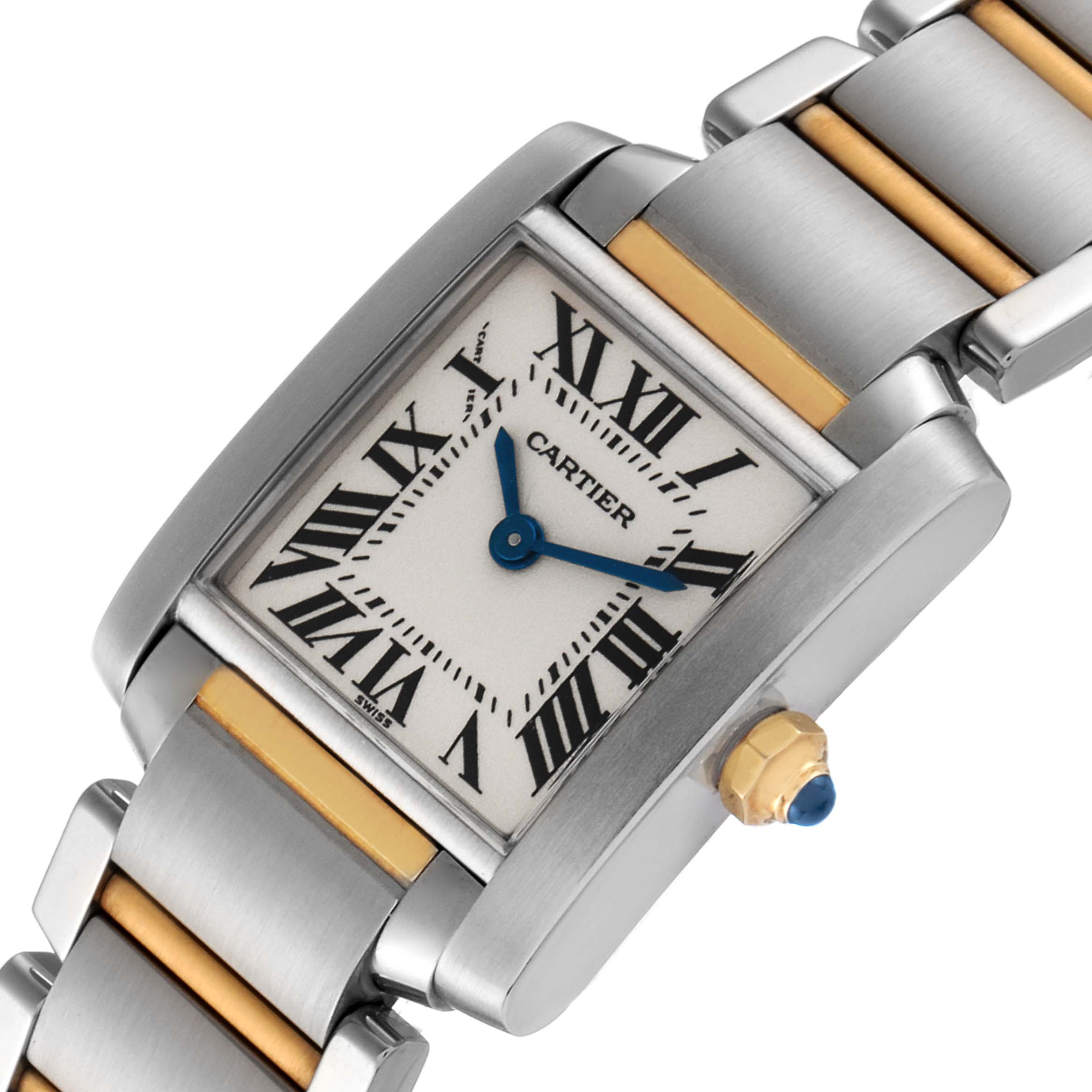 This image shows a close-up of the Cartier Tank Francaise W51007Q4 Women's Stainless Steel Silver Dial W51007Q4 Women's Stainless Steel Silver Dial watch, featuring its face, bezel, crown, and part of the bracelet.