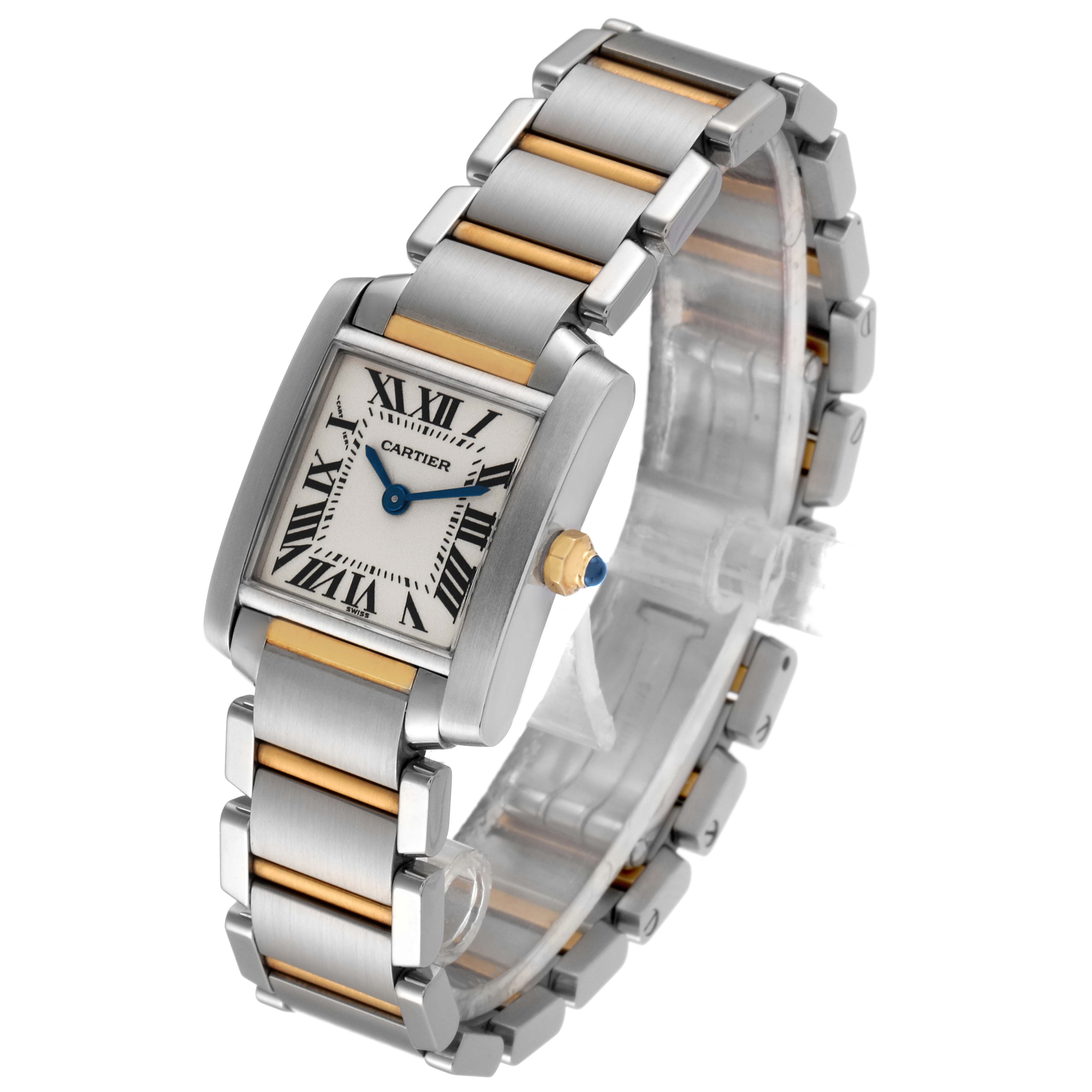 The Cartier Tank Francaise W51007Q4 Women's Stainless Steel Silver Dial W51007Q4 Women's Stainless Steel Silver Dial watch is shown at an angled view, displaying the front face and part of the bracelet with a stainless steel and yellow gold finish.