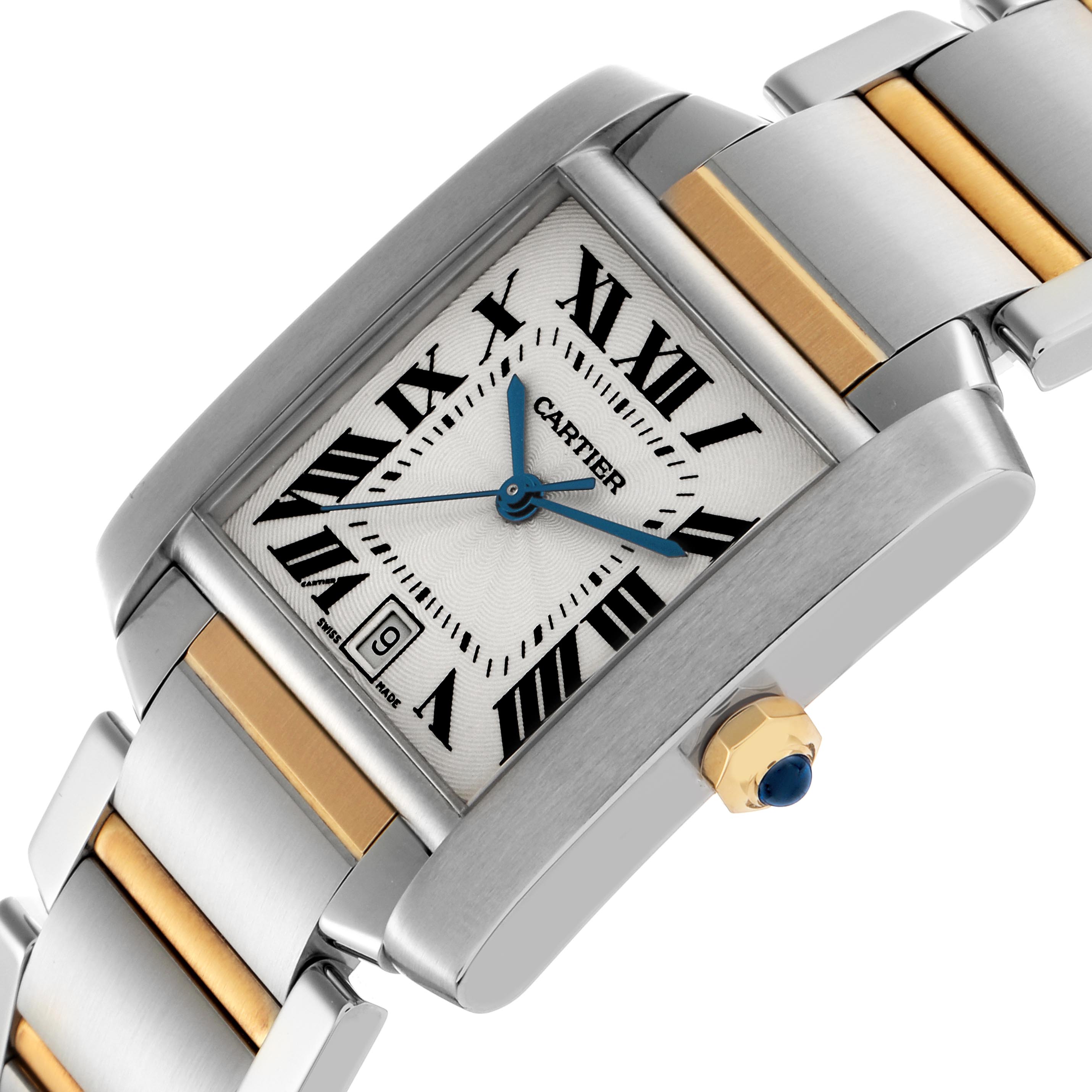 The Cartier Tank Francaise W51005Q4 Men
s Steel and Gold (two tone) Silver Dial W51005Q4 Men
s Steel and Gold (two tone) Silver Dial watch is shown at an angled view, displaying the face, Roman numeral dial, crown, and part of the bracelet.