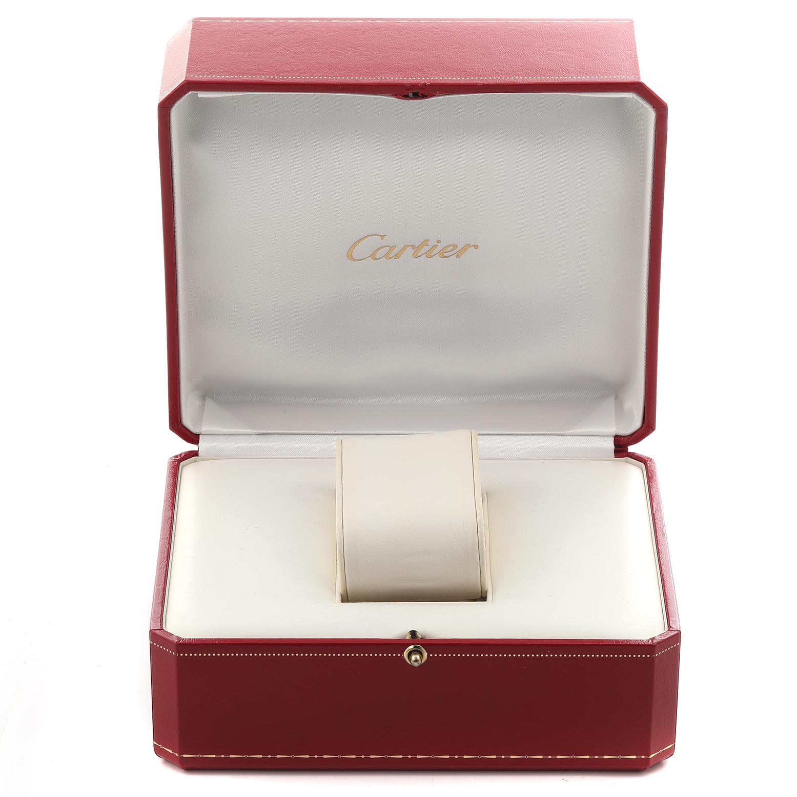 The Tank Française by Cartier is shown in its open red box viewed from the front, without the watch inside.