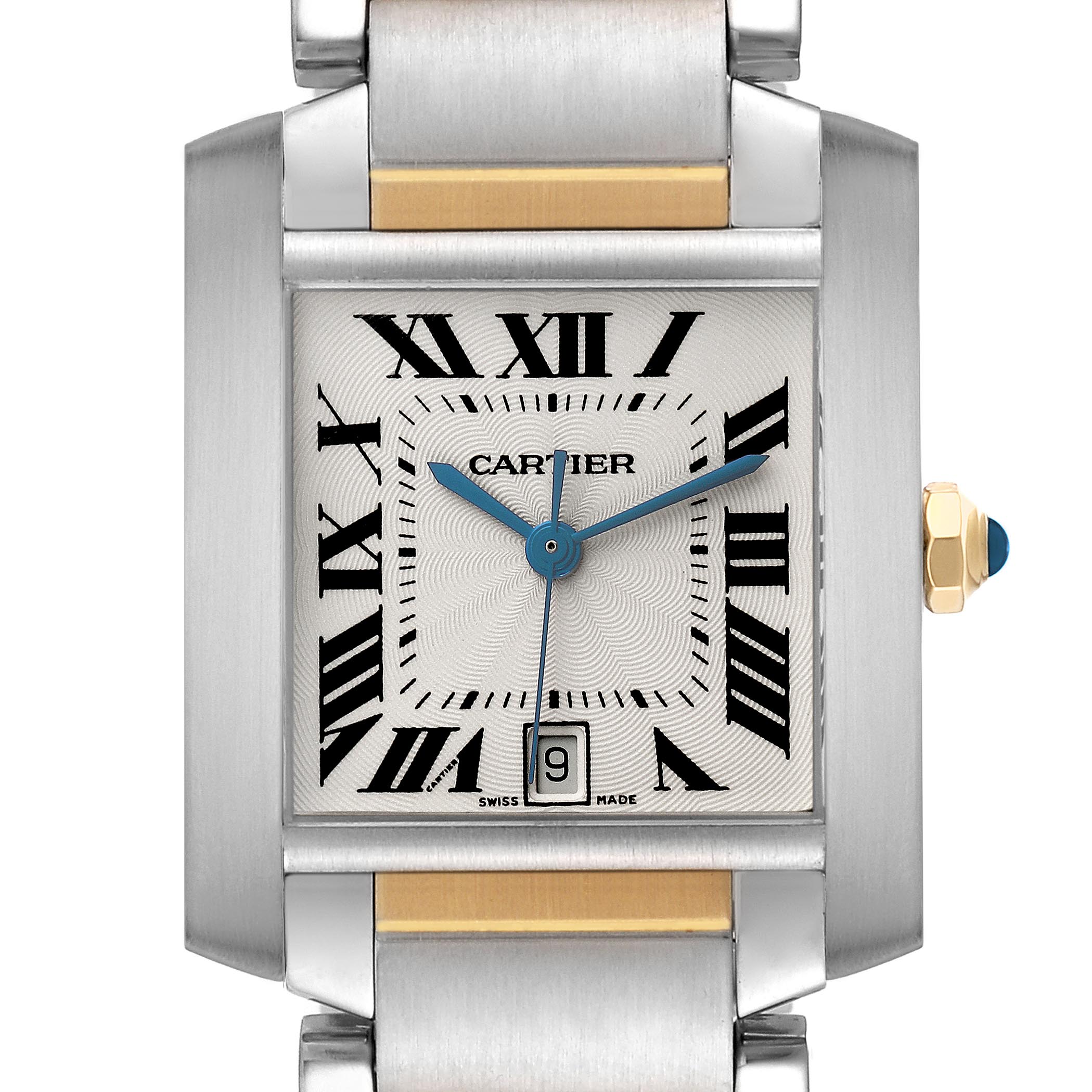 The Cartier Tank Française watch is shown from a front angle, displaying its face, Roman numerals, hands, and date window.