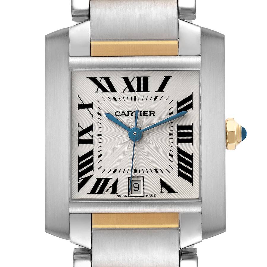 The Cartier Tank Française watch is shown from a front angle, displaying its face, Roman numerals, hands, and date window.