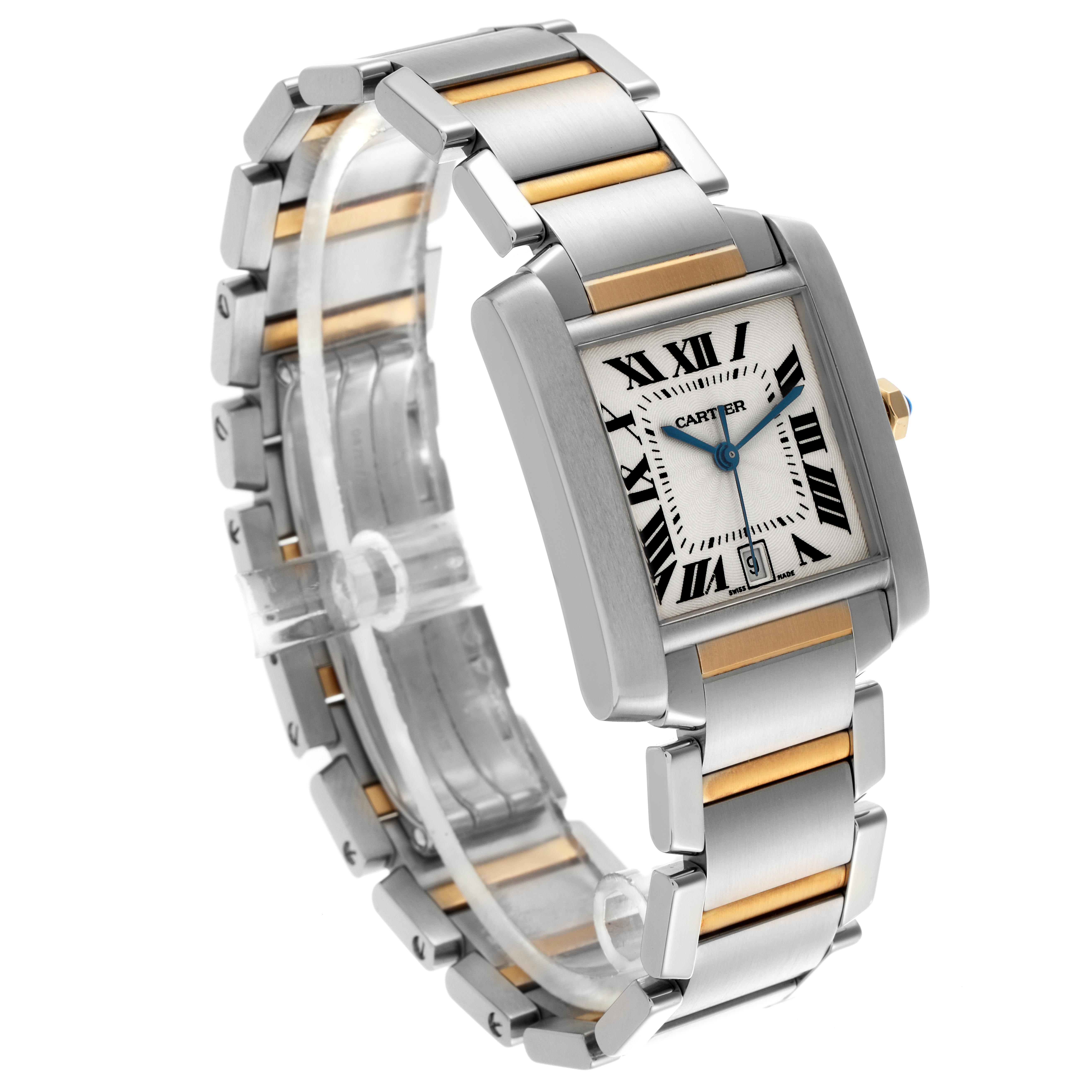 The Cartier Tank Française watch is shown from a three-quarter angle, highlighting its case, dial, and bracelet.