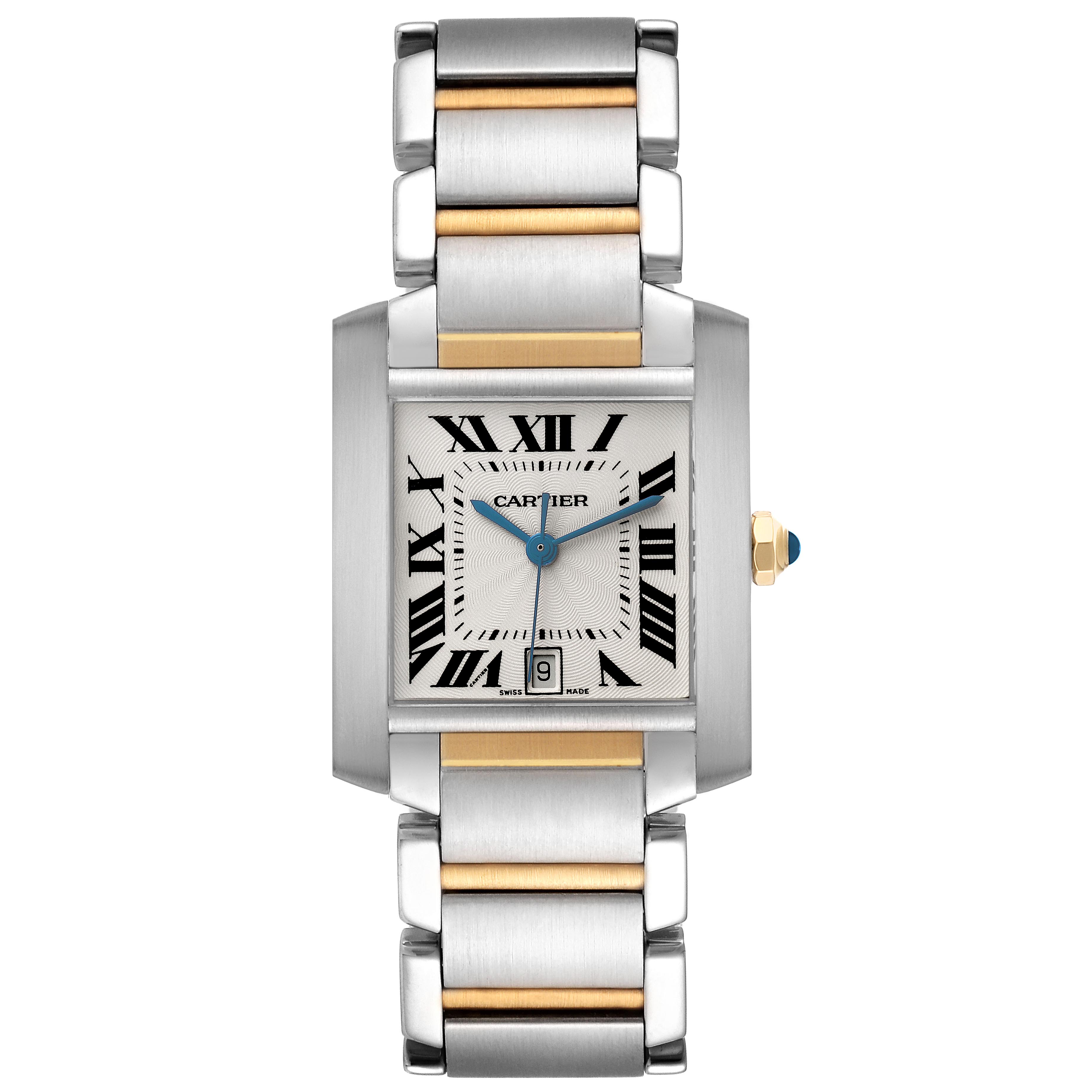 The Cartier Tank Française watch is shown from the front, displaying its dial, bezel, and metal bracelet.