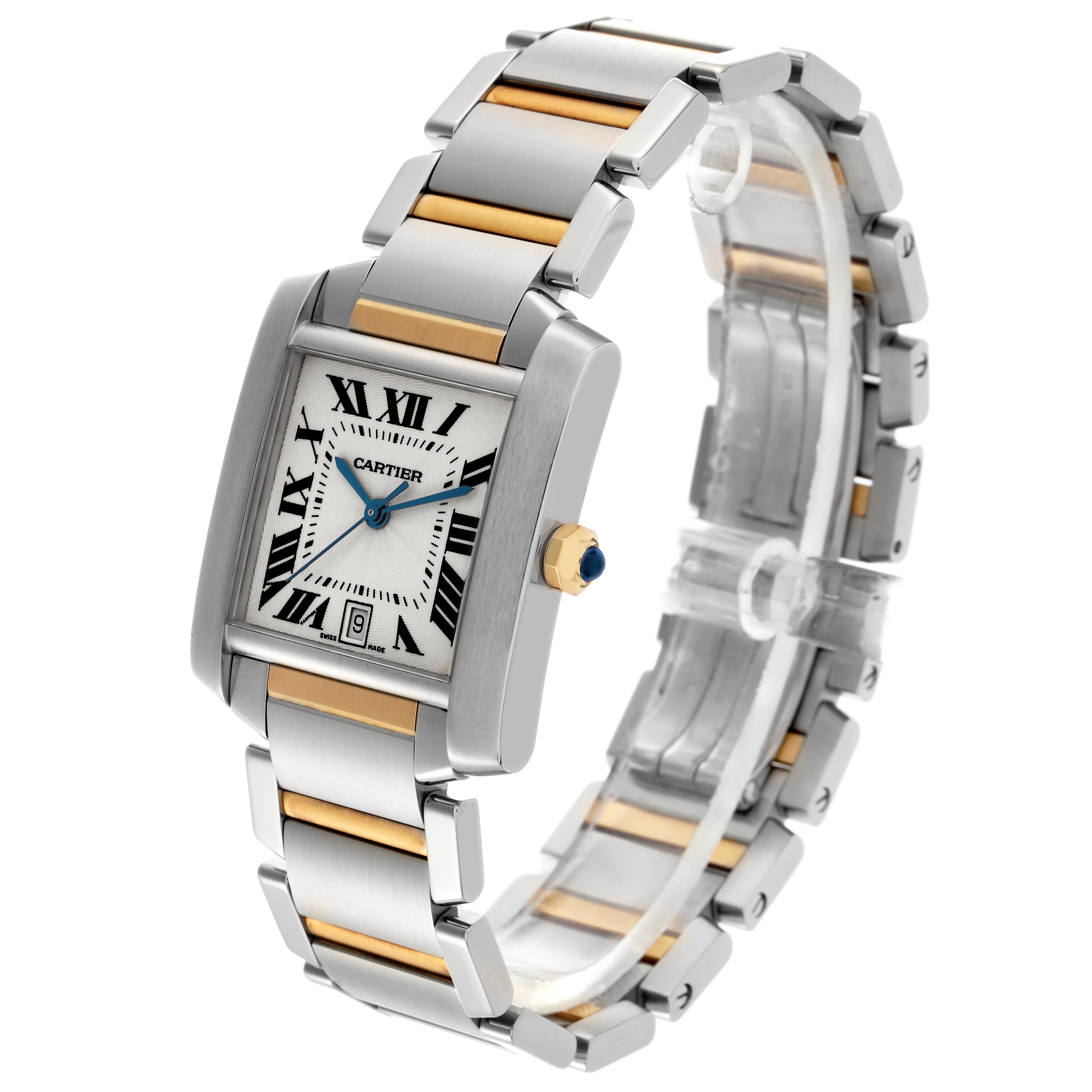 The Cartier Tank Française watch is shown at an angled side view, highlighting its rectangular face and two-tone bracelet.