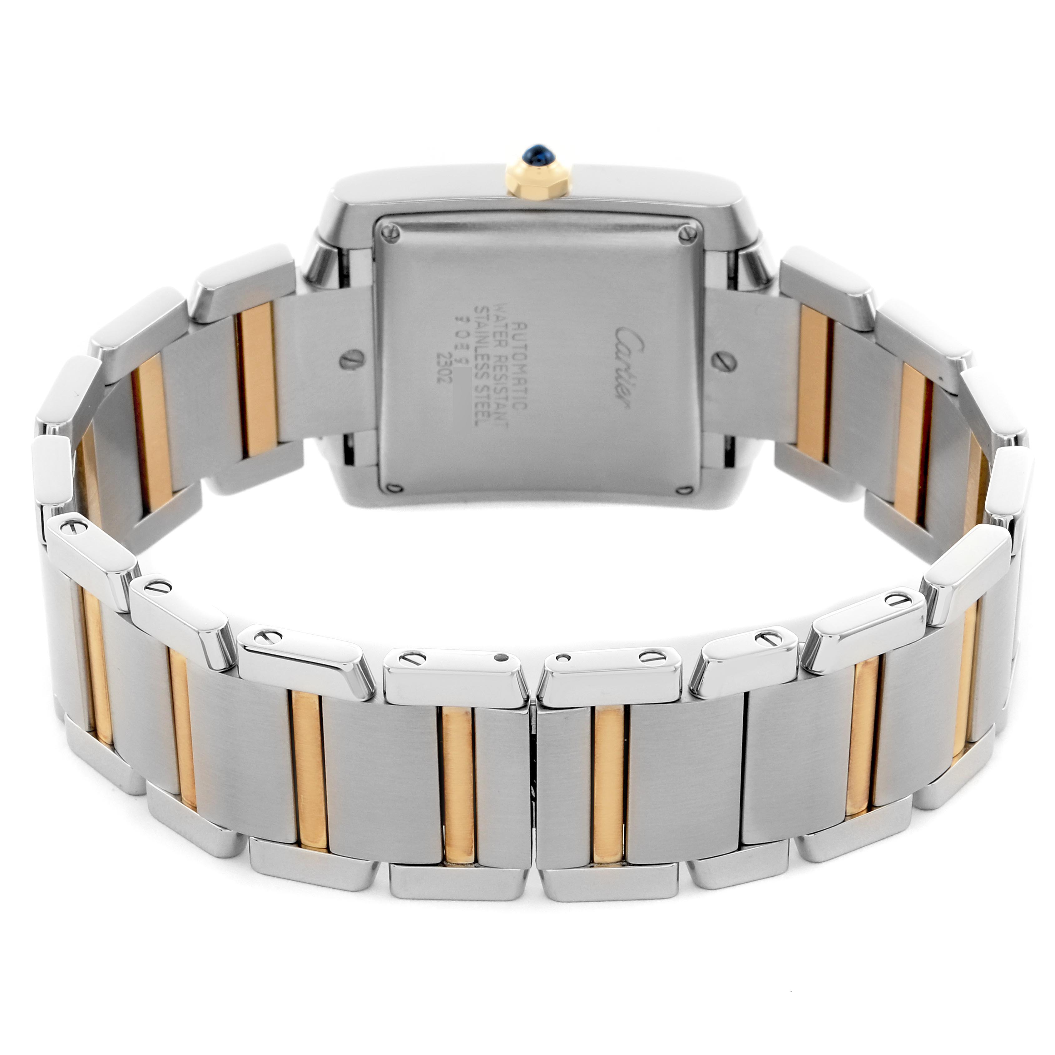 The image shows the back of a Cartier Tank Française watch, highlighting the case back and two-tone bracelet.