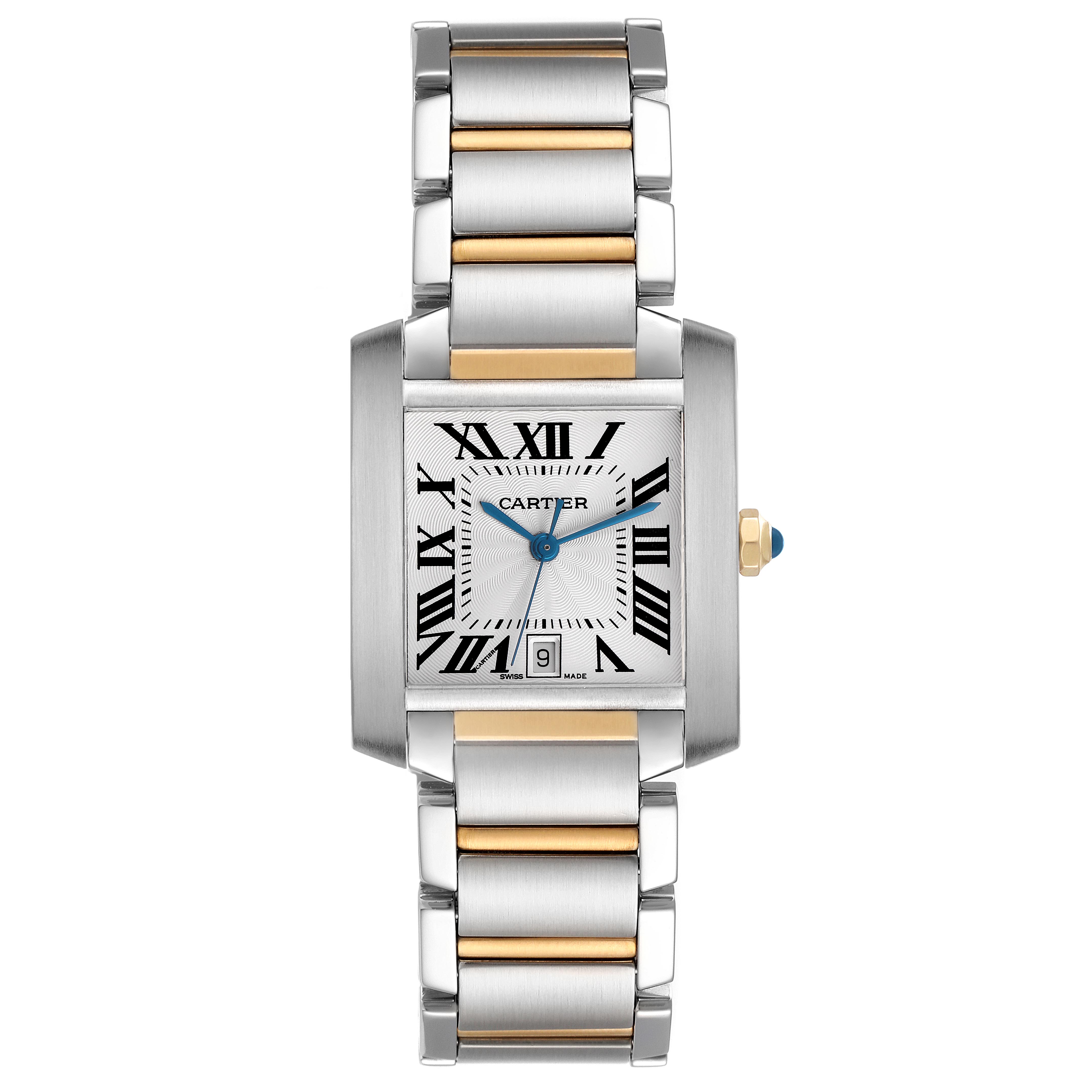 The Cartier Tank Française watch is shown from the front, highlighting the dial, roman numerals, and two-tone bracelet.
