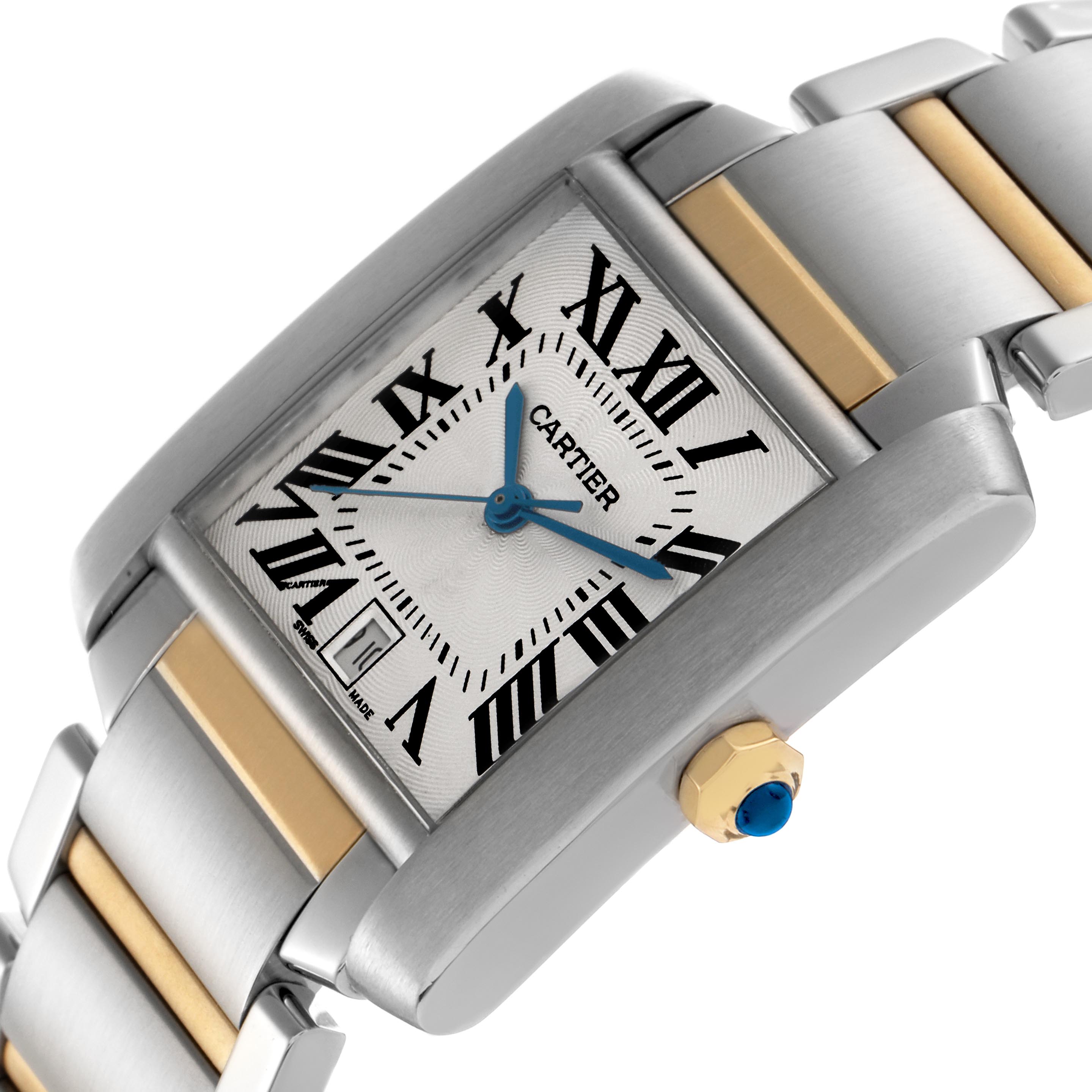 The Cartier Tank Française watch is shown at an angled view highlighting its bracelet, crown, and Roman numeral dial.