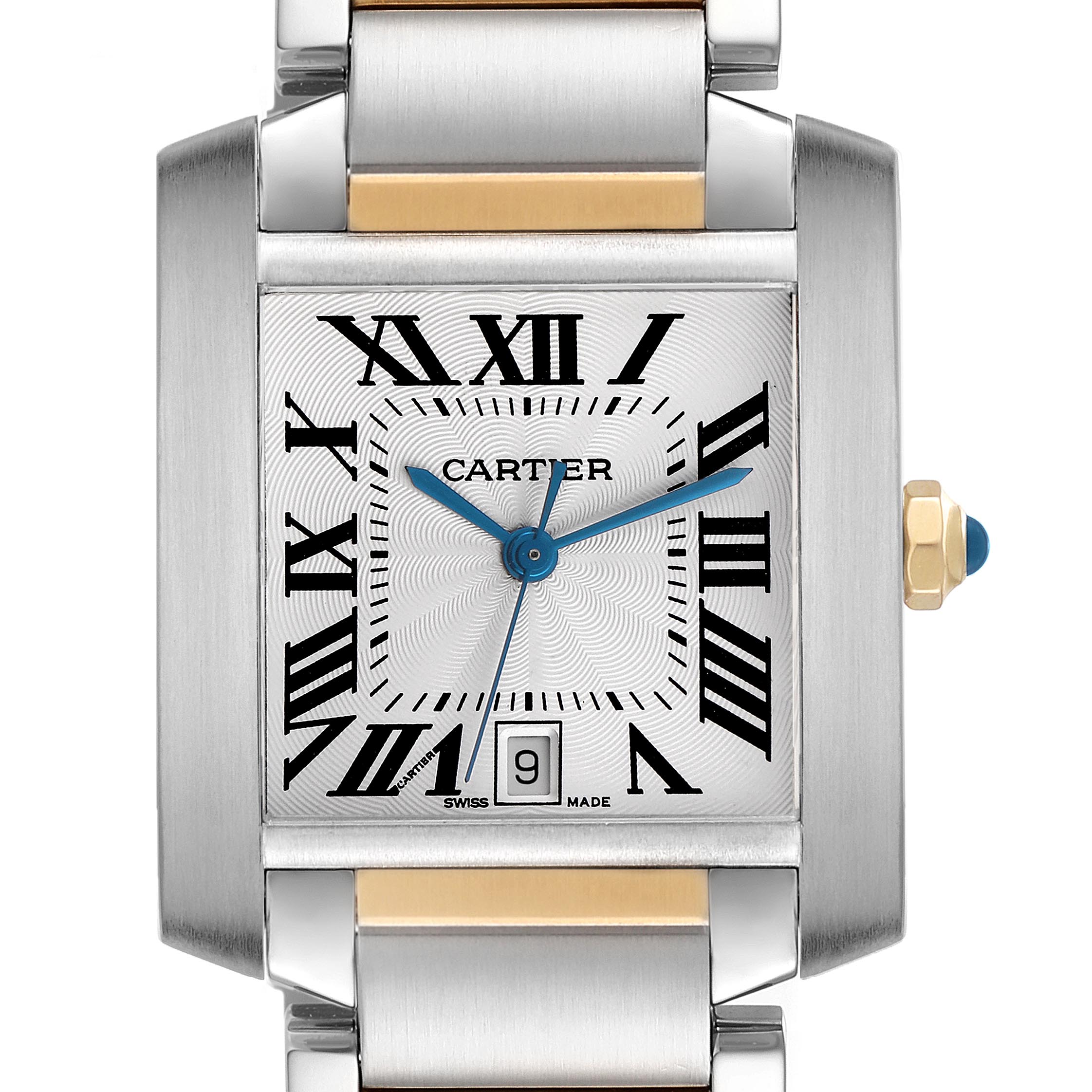 The Cartier Tank Francaise W51005Q4 Men
s Steel and Gold (two tone) Silver Dial W51005Q4 Men
s Steel and Gold (two tone) Silver Dial watch is shown from a front angle, highlighting its face, bezel, crown, and part of the bracelet.