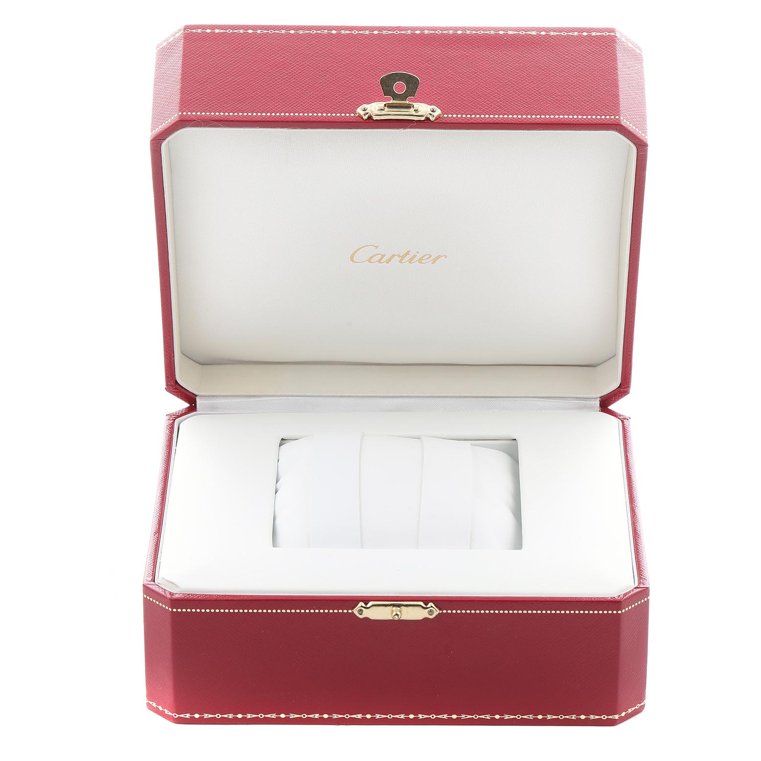 The image shows the Cartier Tank Française watch box open, displaying the padded interior without the watch.