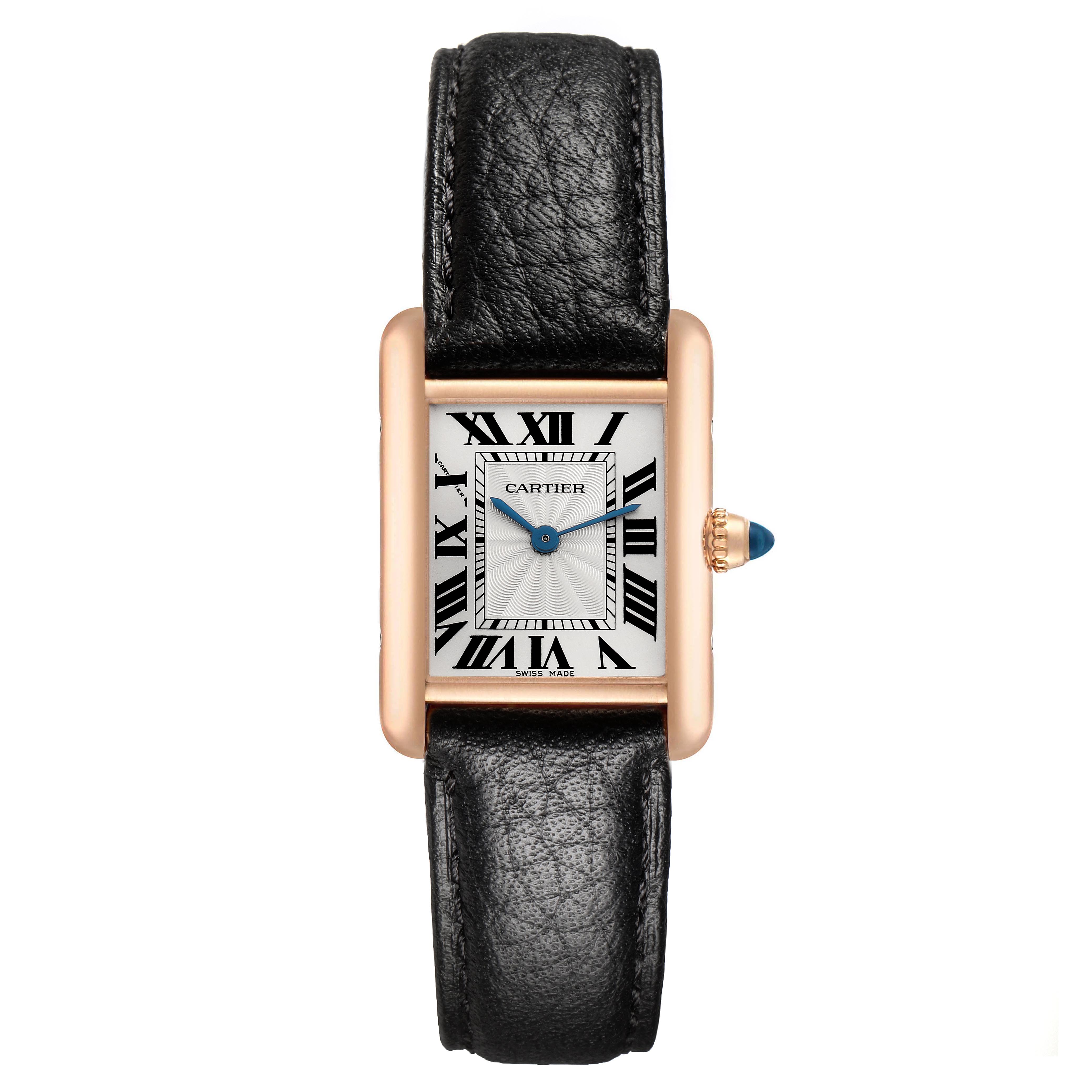 The Cartier Tank Louis WGTA0010 Women
s Rose Gold Silver Dial WGTA0010 Women
s Rose Gold Silver Dial watch is shown from a front view, highlighting its rectangular dial, Roman numerals, and black leather strap.