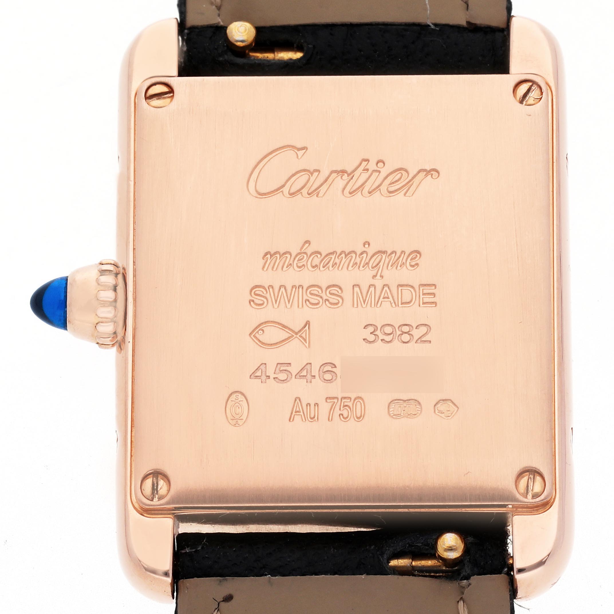 The image shows the back of a Cartier Tank Louis WGTA0010 Women
s Rose Gold Silver Dial WGTA0010 Women
s Rose Gold Silver Dial watch, highlighting the brand inscription and serial details.