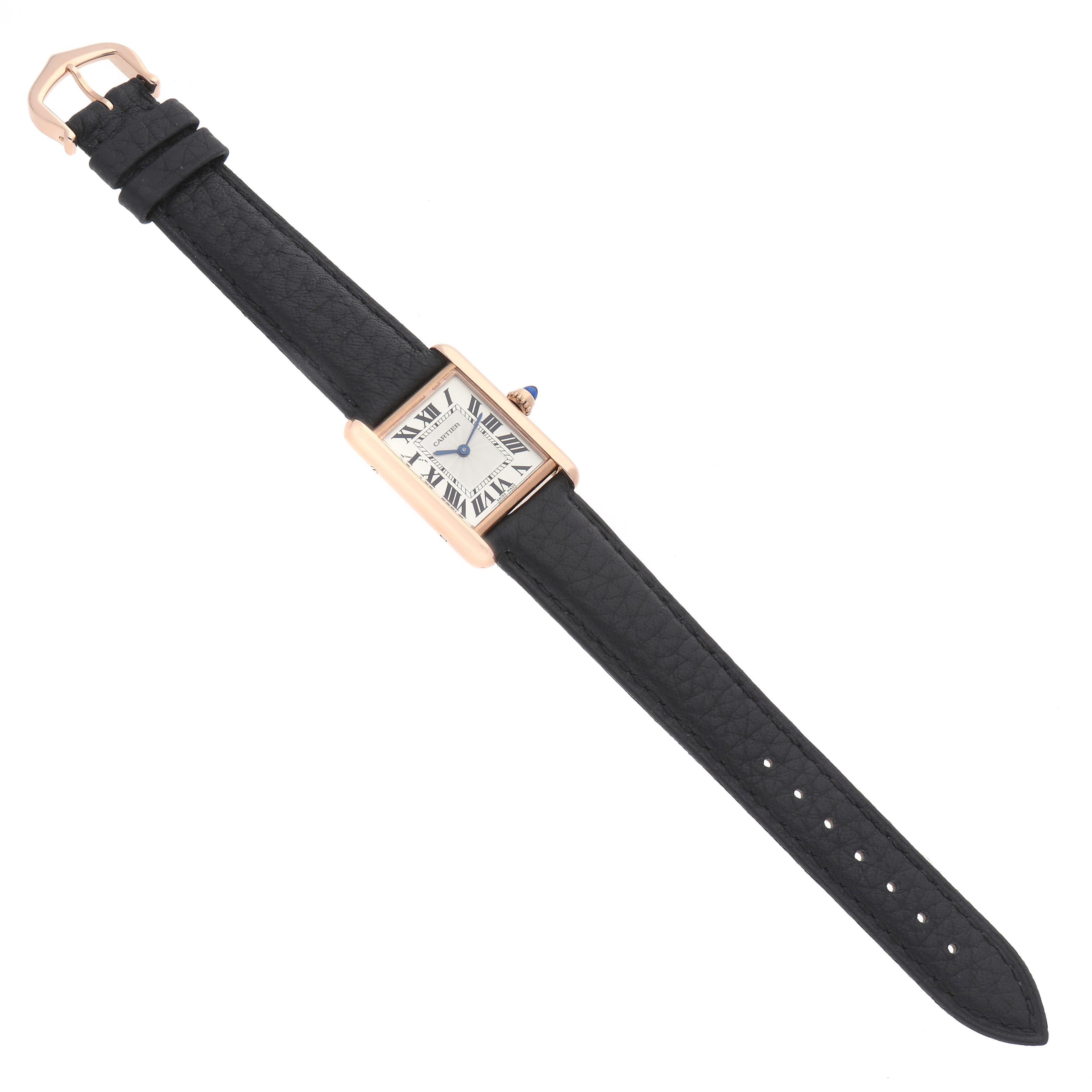 The Cartier Tank Louis WGTA0010 Women
s Rose Gold Silver Dial WGTA0010 Women
s Rose Gold Silver Dial watch is shown at a slight angle, displaying the strap, case, and dial with Roman numerals.