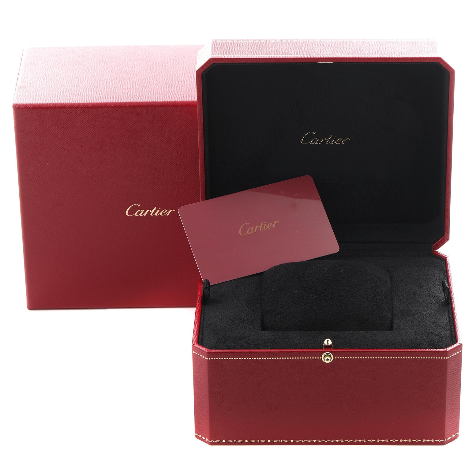 The image shows an open Cartier Tank Louis WGTA0010 Women
s Rose Gold Silver Dial WGTA0010 Women
s Rose Gold Silver Dial watch box at an angle, revealing the interior and a Cartier card.