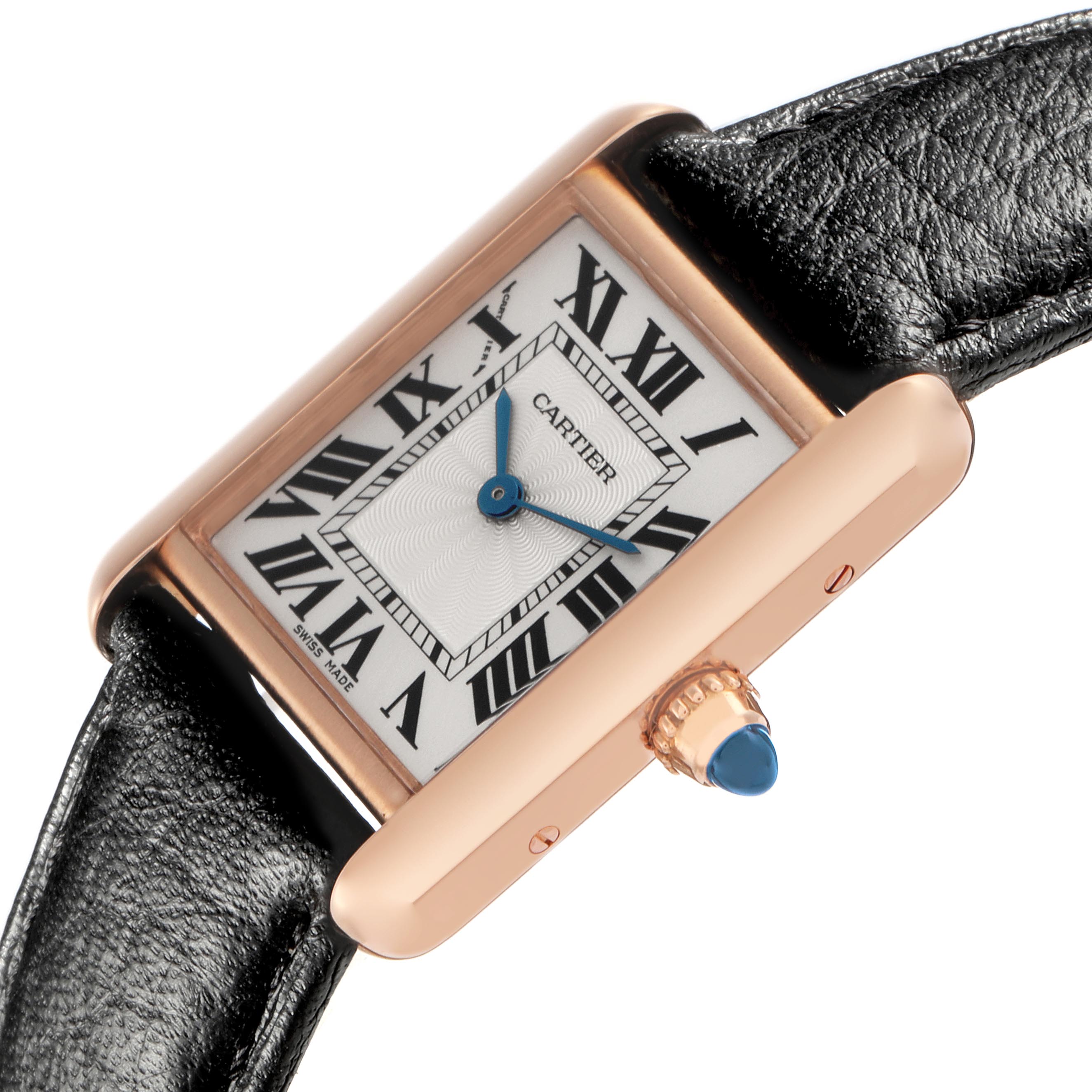 The Cartier Tank Louis WGTA0010 Women
s Rose Gold Silver Dial WGTA0010 Women
s Rose Gold Silver Dial watch is shown at an angled view, highlighting the face, Roman numerals, case, crown, and leather strap.