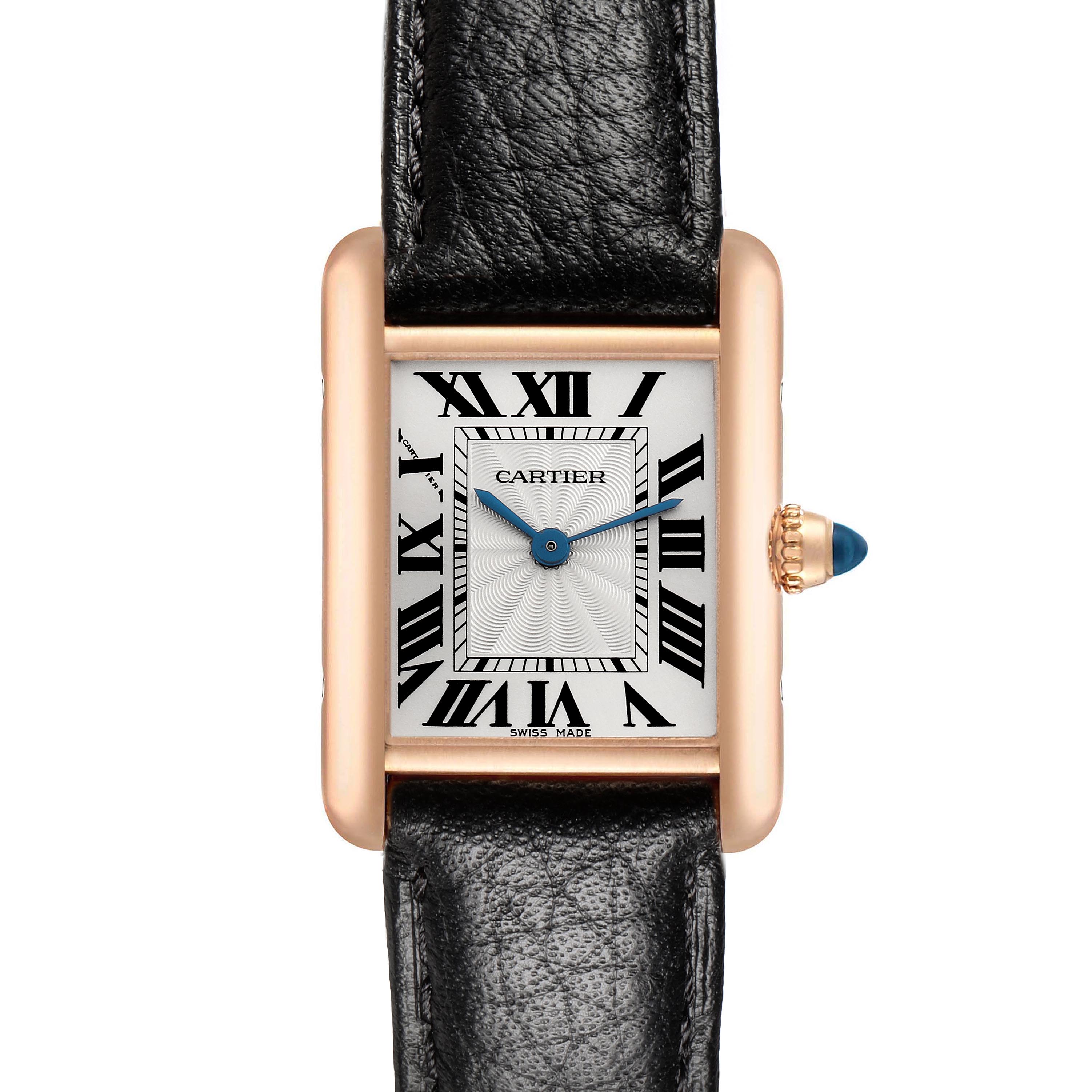 The Cartier Tank Louis WGTA0010 Women
s Rose Gold Silver Dial WGTA0010 Women
s Rose Gold Silver Dial watch is shown from a front view, highlighting its rectangular face, Roman numerals, and black leather strap.