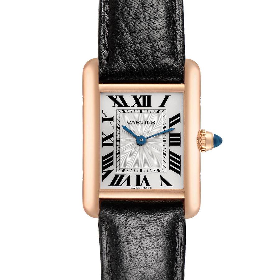 The Cartier Tank Louis watch is shown from a front view, highlighting its rectangular face, Roman numerals, and black leather strap.