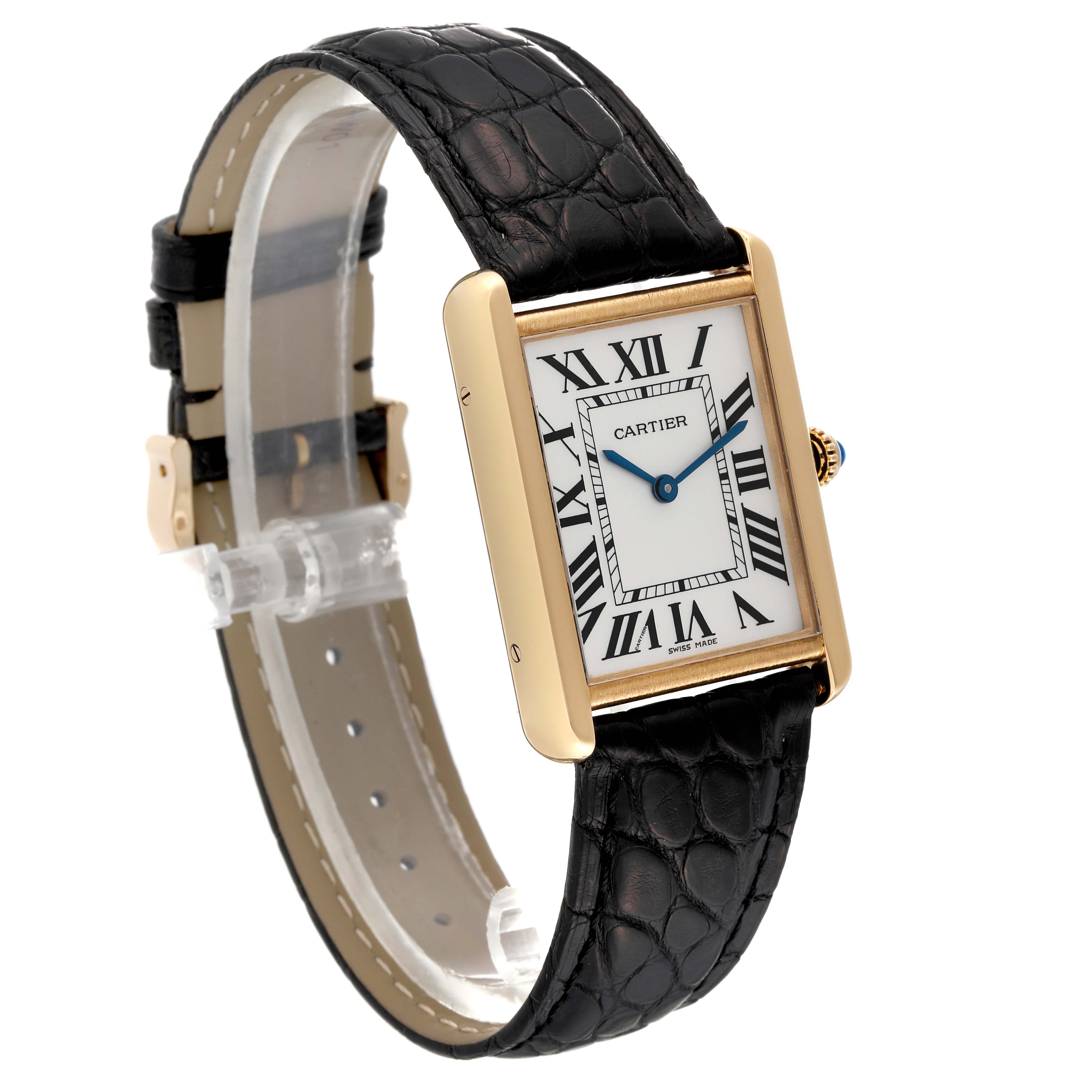 The image shows a Cartier Tank Solo W5200004 Men's Steel and Gold (two tone) Silver Dial W5200004 Men's Steel and Gold (two tone) Silver Dial watch from an angled view, highlighting the face, bezel, and leather strap.