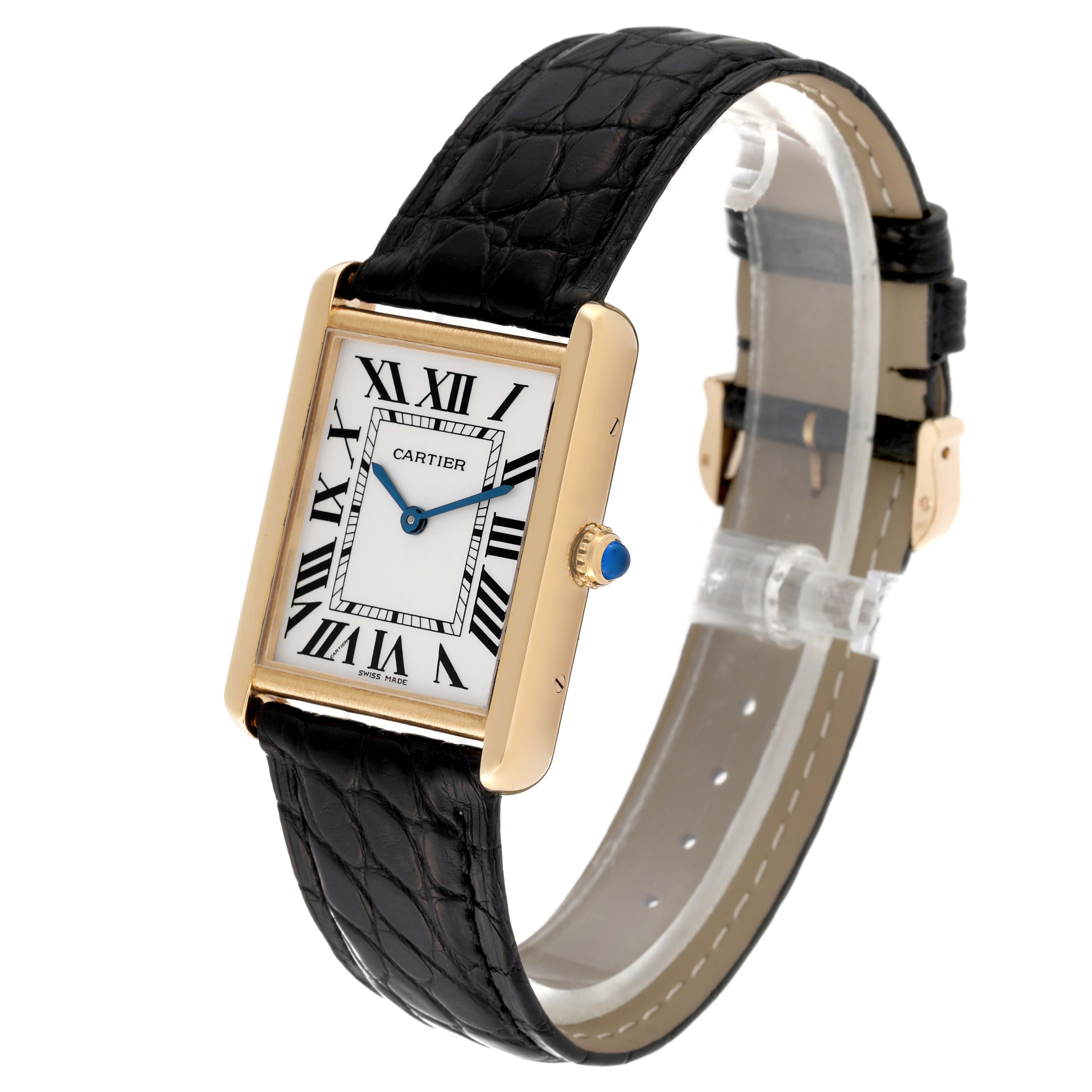 This image shows the Cartier Tank Solo W5200004 Men's Steel and Gold (two tone) Silver Dial W5200004 Men's Steel and Gold (two tone) Silver Dial watch from a front angle, highlighting its strap, case, dial, and crown.