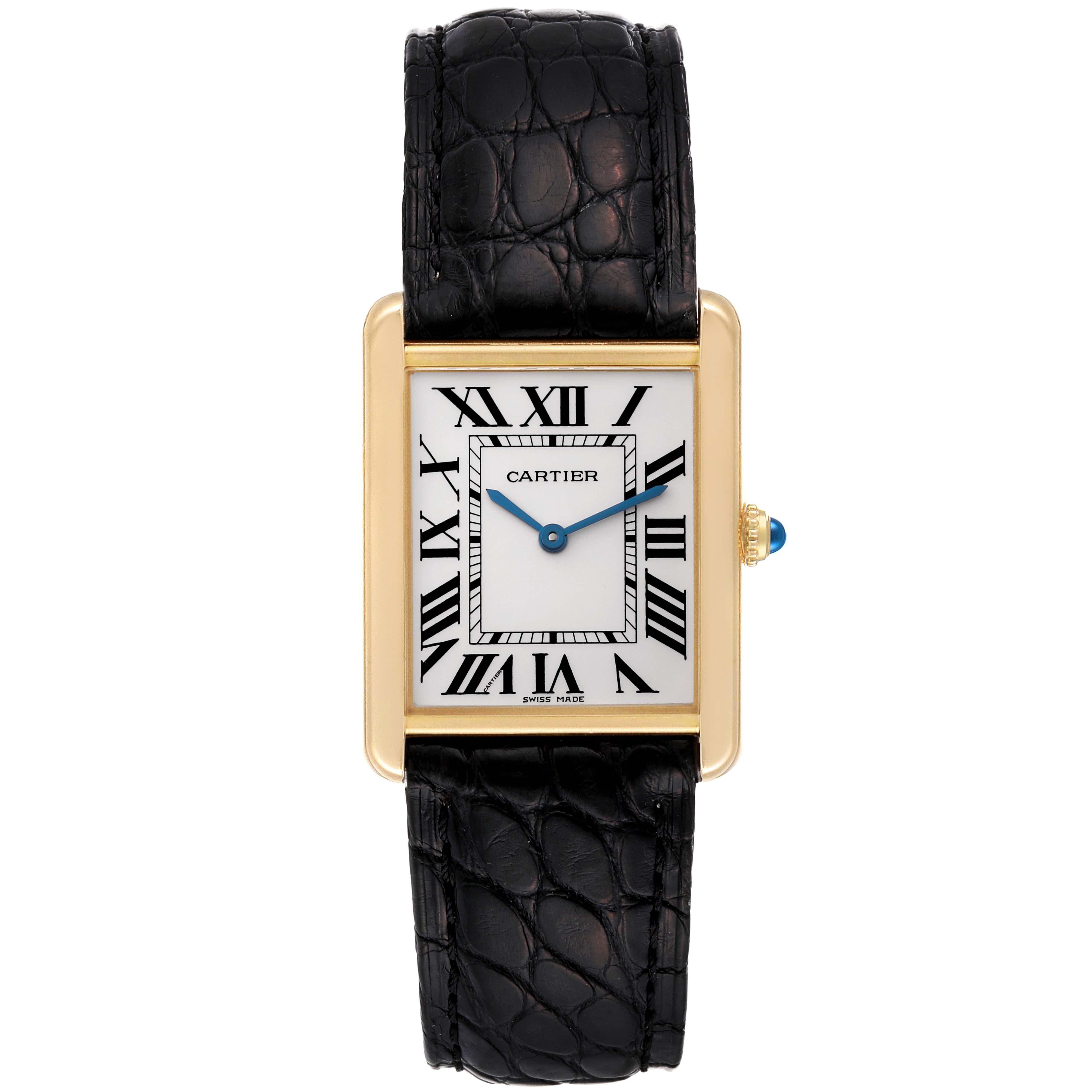 The image shows a front view of the Cartier Tank Solo W5200004 Men's Steel and Gold (two tone) Silver Dial W5200004 Men's Steel and Gold (two tone) Silver Dial watch, displaying its rectangular dial, Roman numerals, and black leather strap.