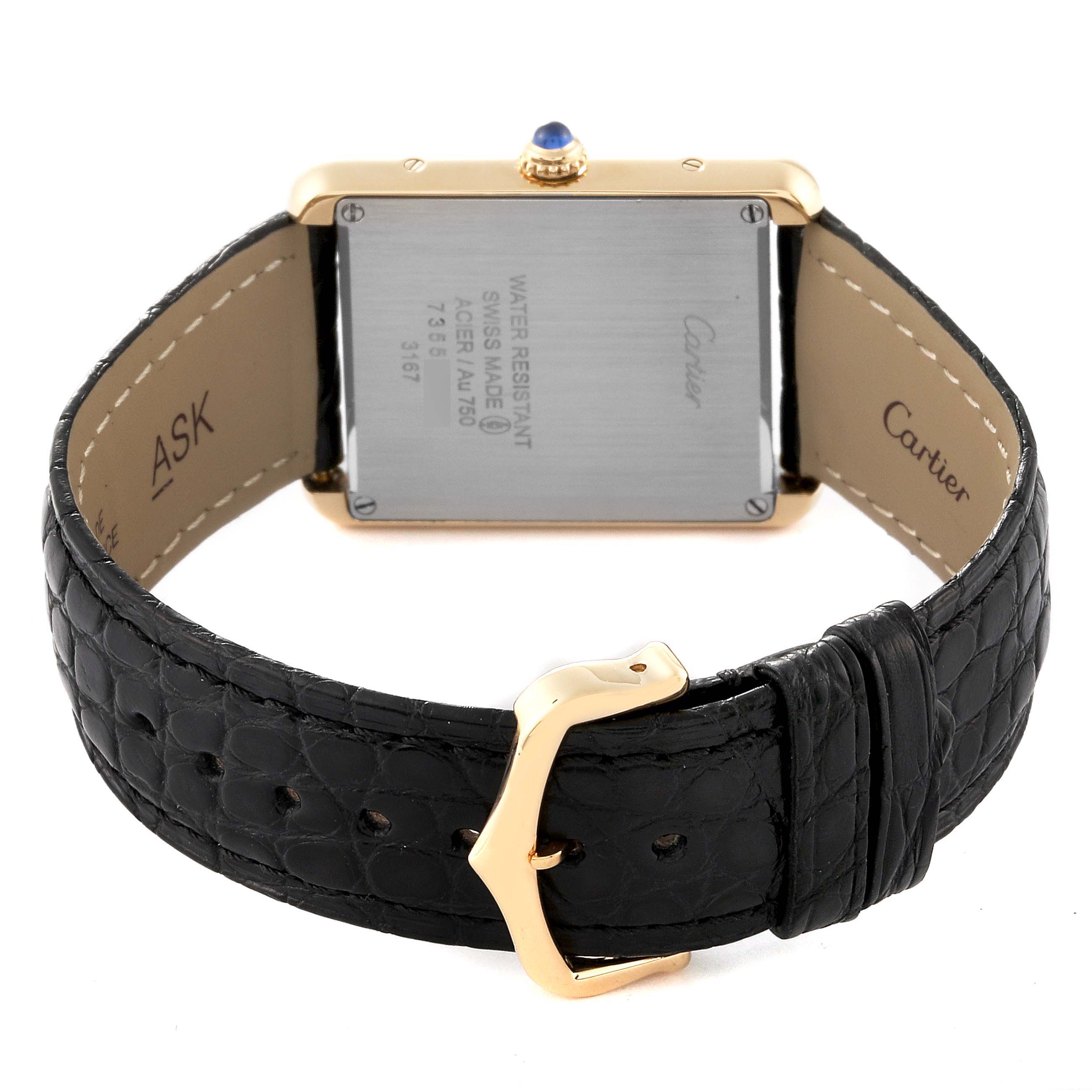 The image shows the back view of a Cartier Tank Solo W5200004 Men's Steel and Gold (two tone) Silver Dial W5200004 Men's Steel and Gold (two tone) Silver Dial watch, displaying the strap and case back.