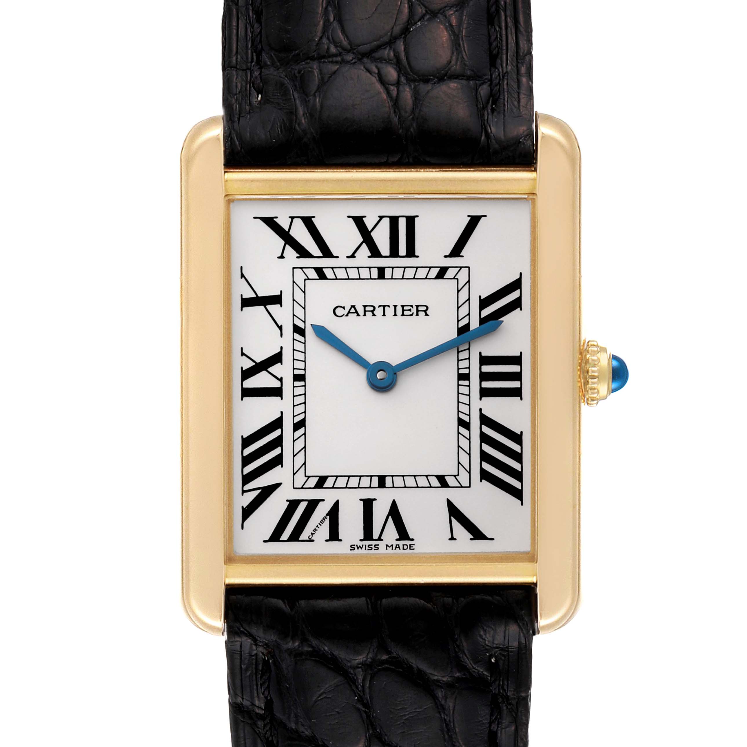 This image shows a front view of the Cartier Tank Solo W5200004 Men's Steel and Gold (two tone) Silver Dial W5200004 Men's Steel and Gold (two tone) Silver Dial watch, highlighting its rectangular dial and black leather strap.